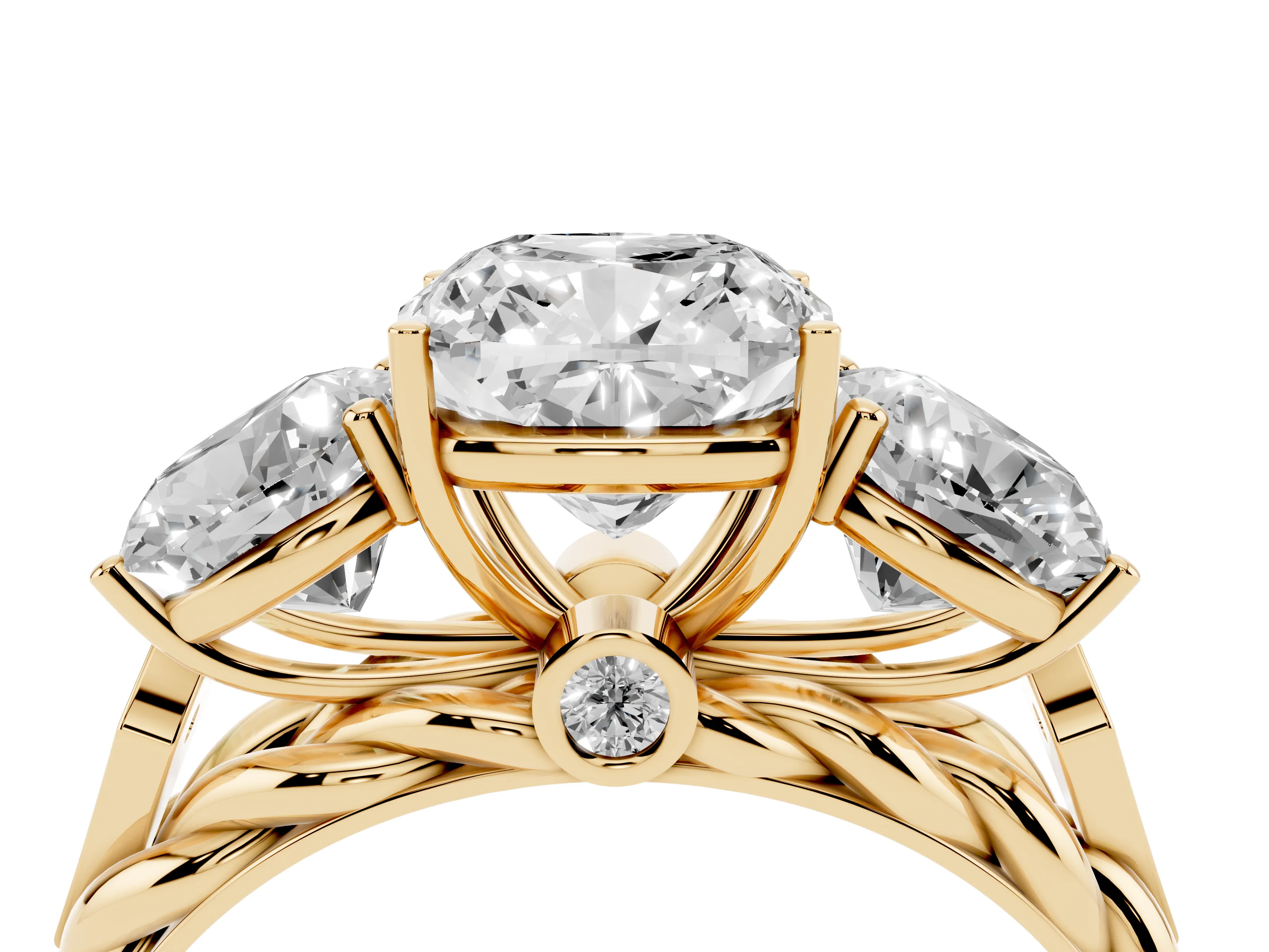 Cushion Cut Diamond Three-Stone Ring Set in Yellow gold with Braided Band