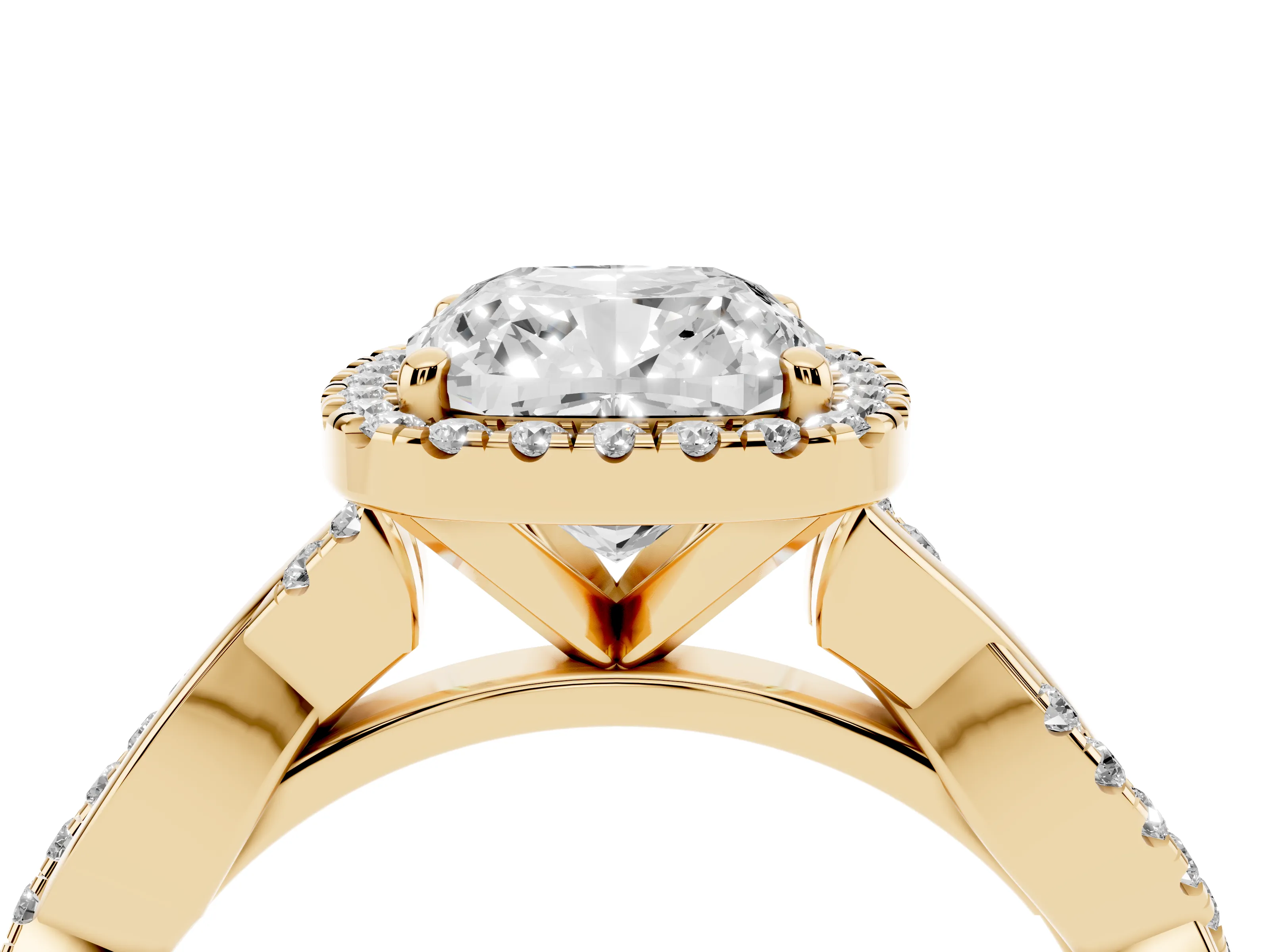 Cushion Cut Diamond Halo Twisted Band Ring Set in Yellow gold with Prong Setting