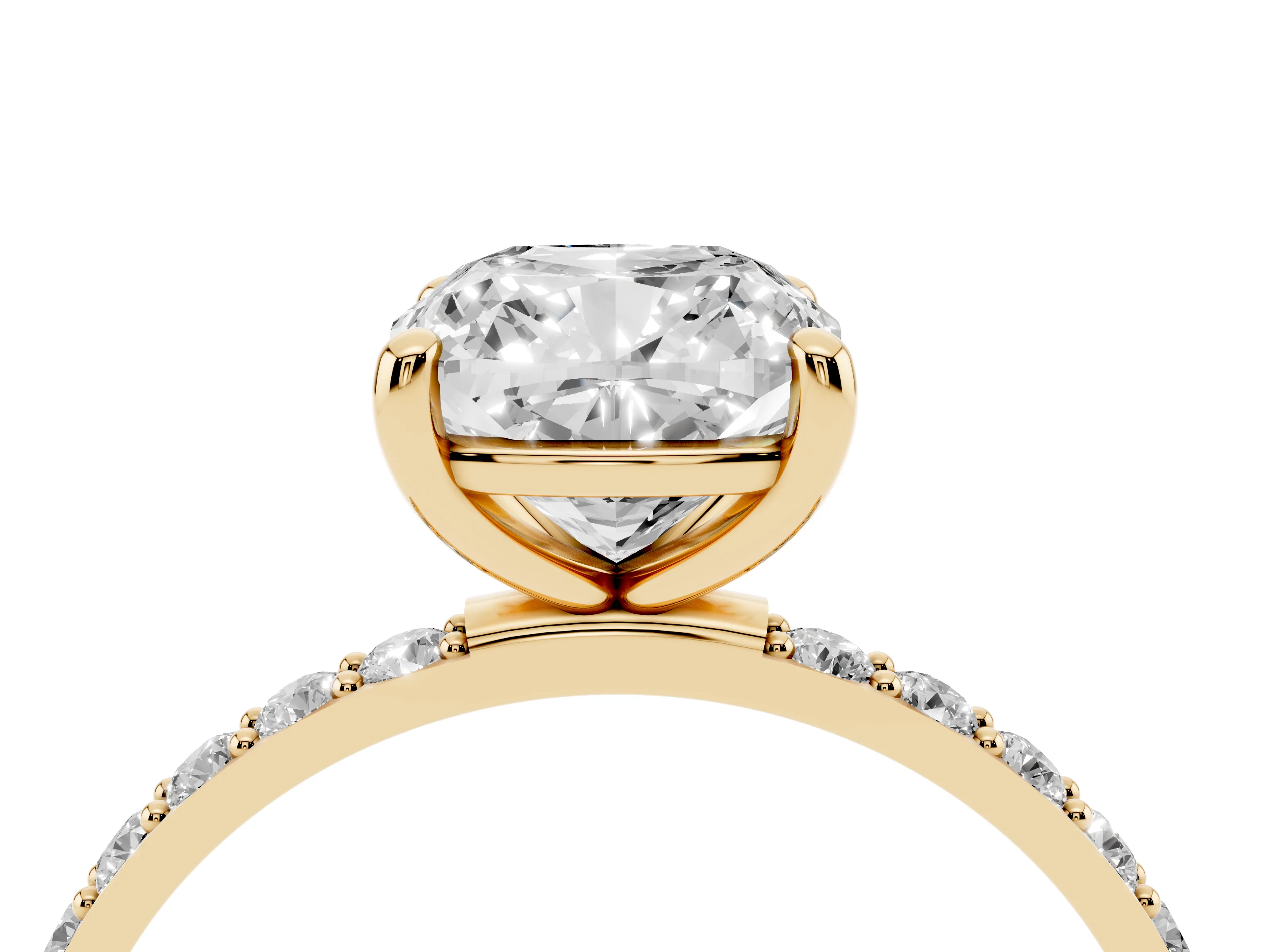 Cushion Cut Diamond Solitaire Ring Set in Yellow gold with Round Pavé Band and Prong Setting