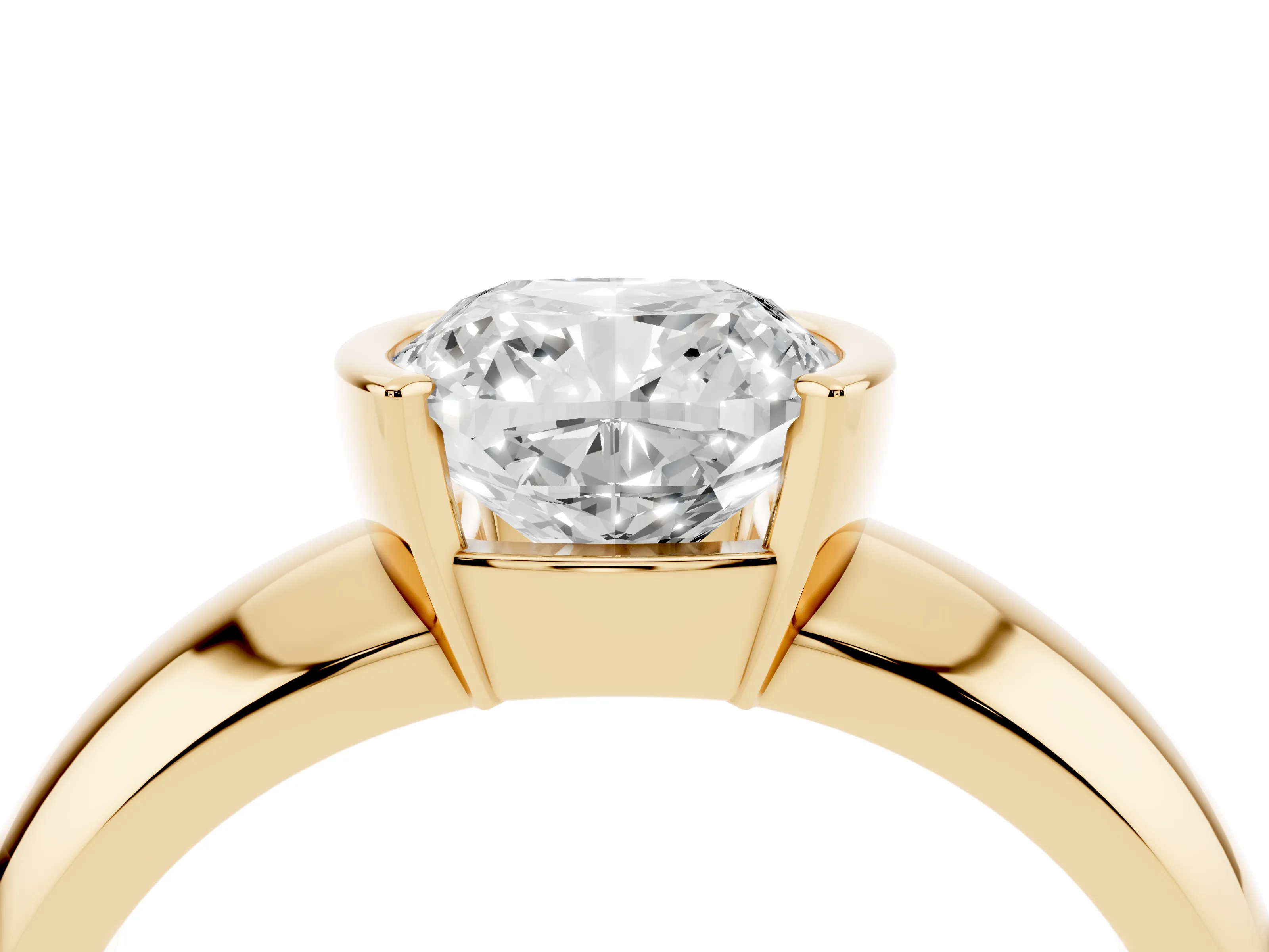 Cushion Cut Diamond Solitaire Tension Set Ring Set in Yellow gold with Wide Band