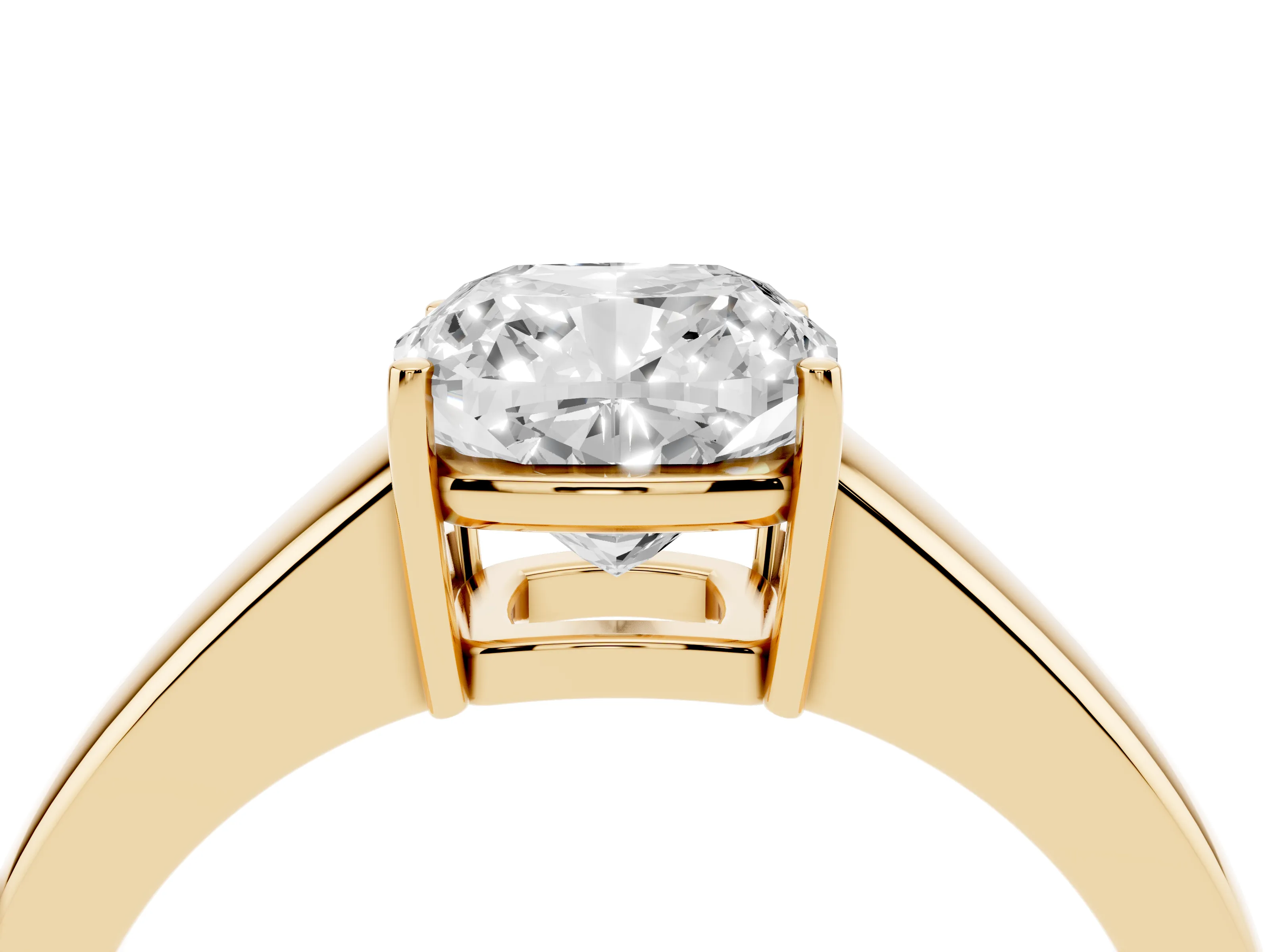 Cushion Cut Diamond Solitaire Ring Set in Yellow gold with Tapered Band and Prong Setting
