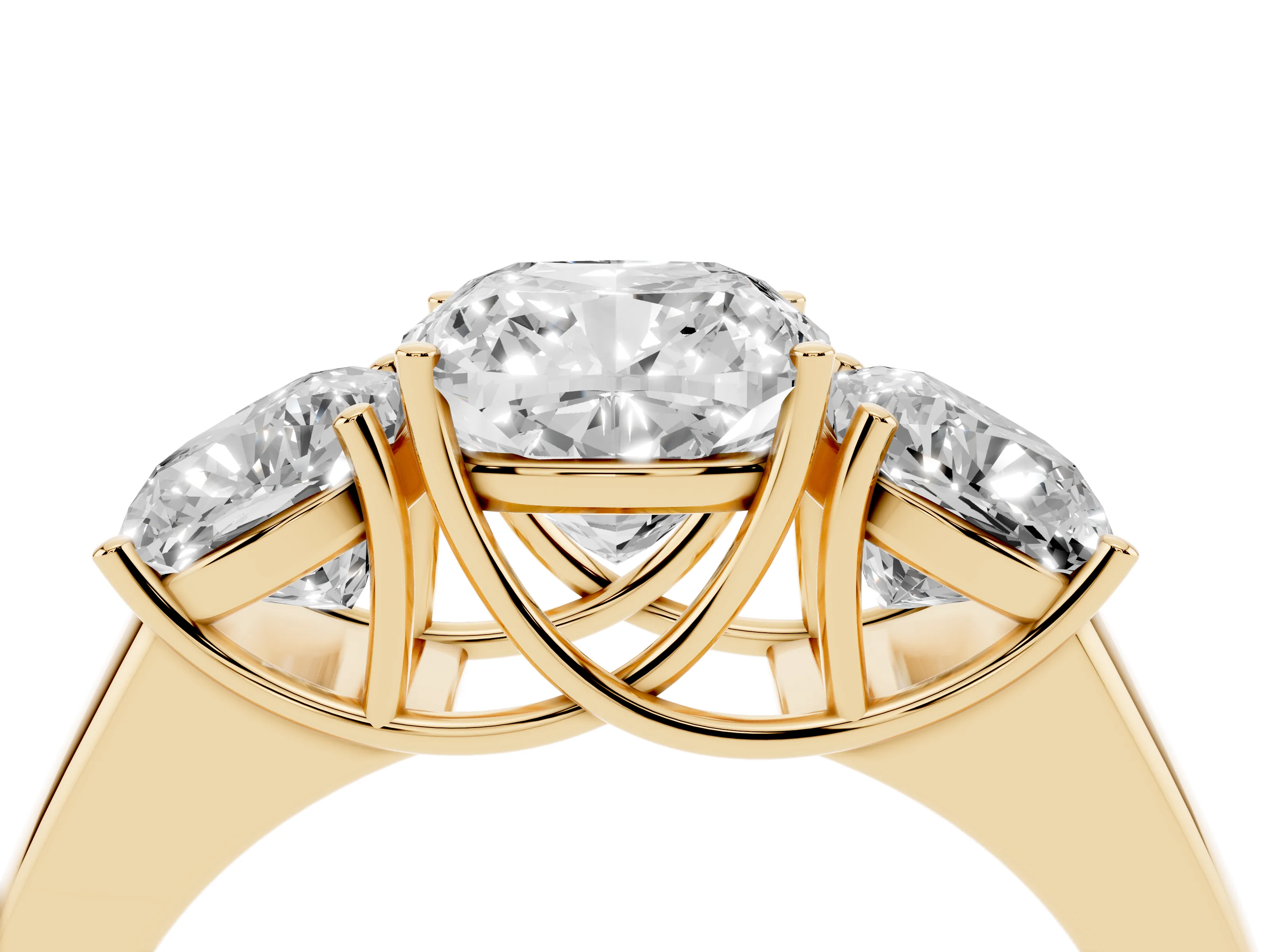 Three-Stone Cushion Cut Diamond Ring Set in Yellow gold with Matching Prong Settings and Plain Band