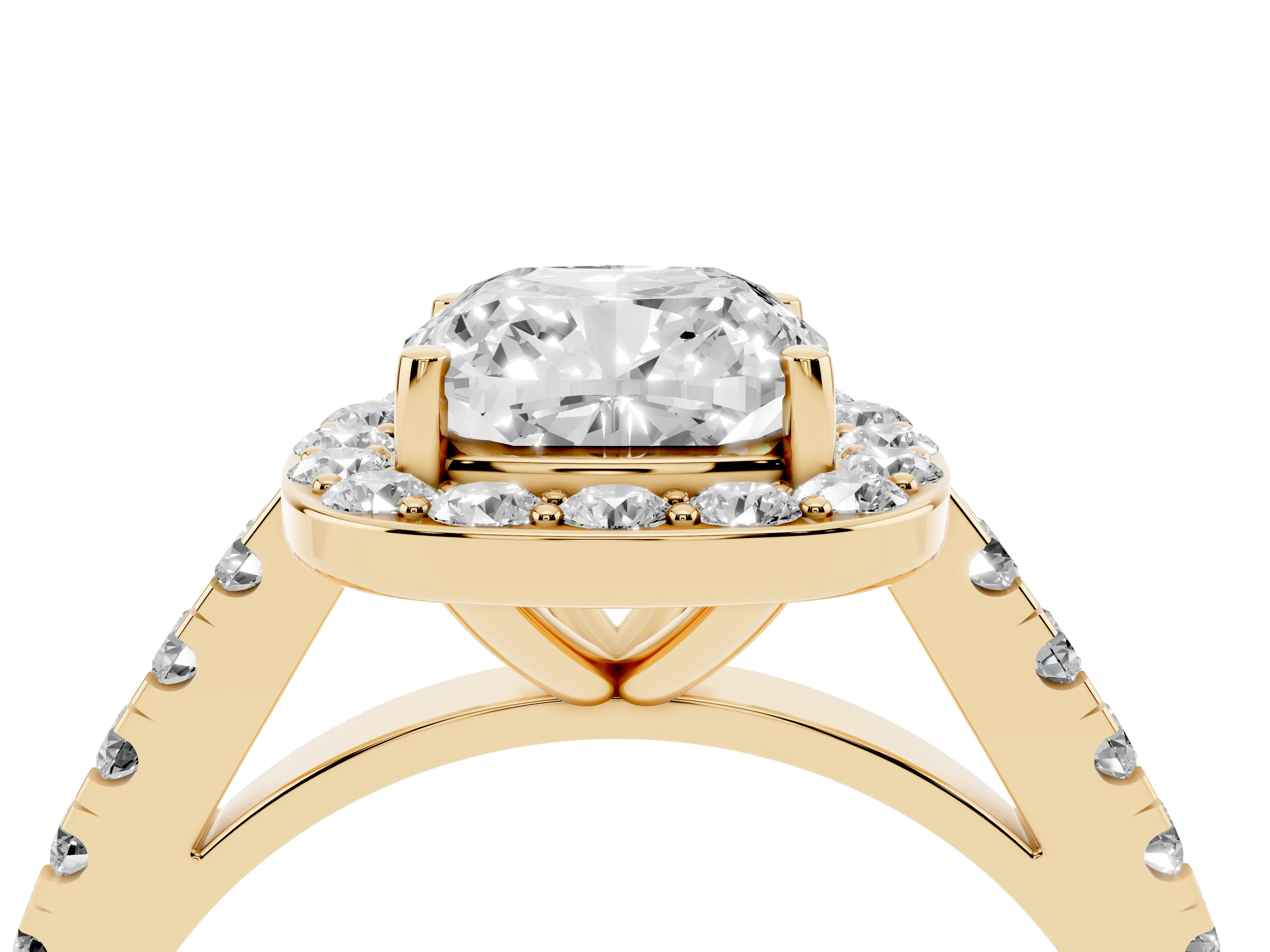 Cushion Cut Diamond Halo Ring Set in Yellow gold with Round Pavé Split Shank and Prong Setting