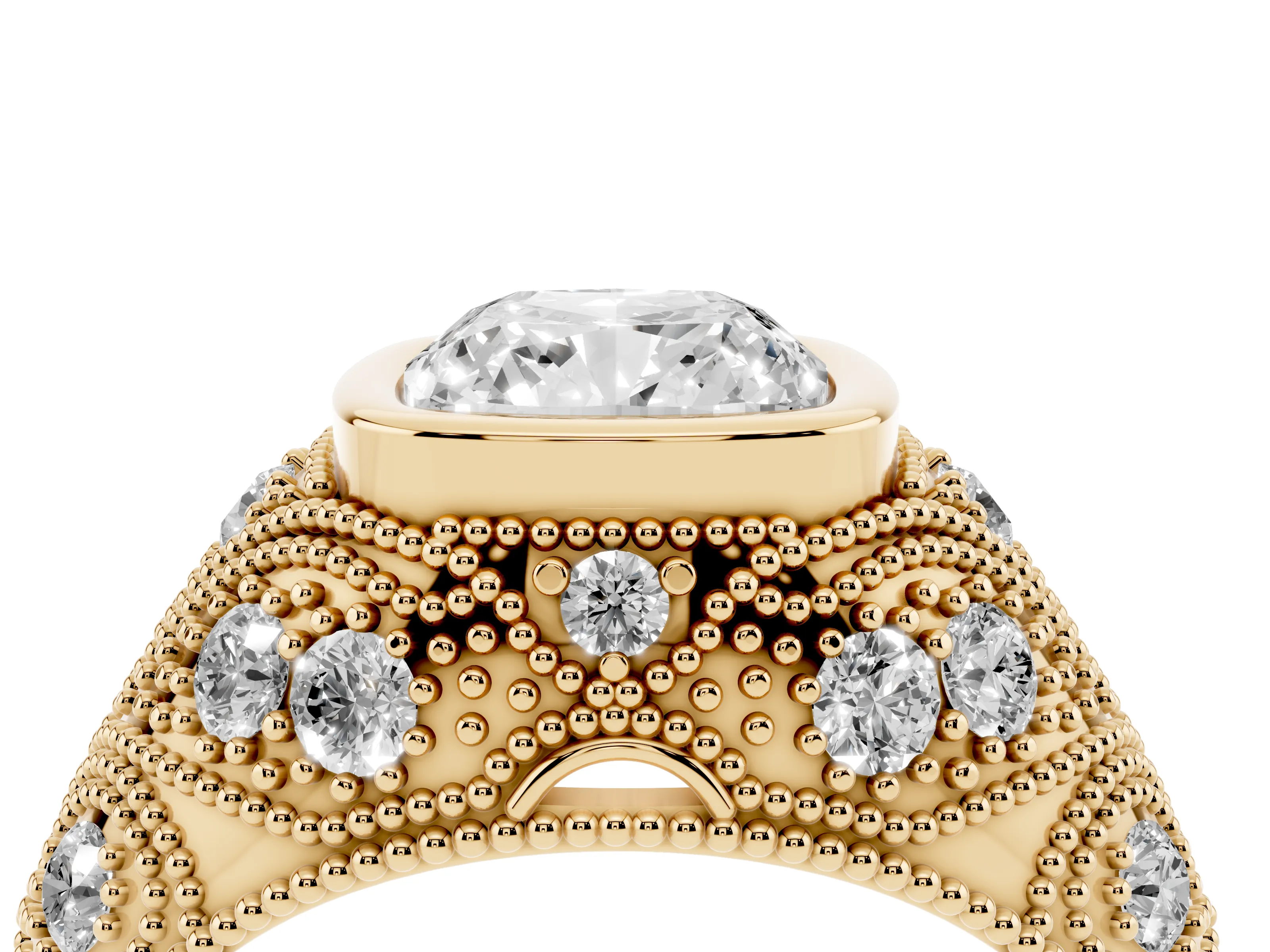 Cushion Cut Diamond Bezel Ring Set in Yellow gold with Milgrain Accent Band