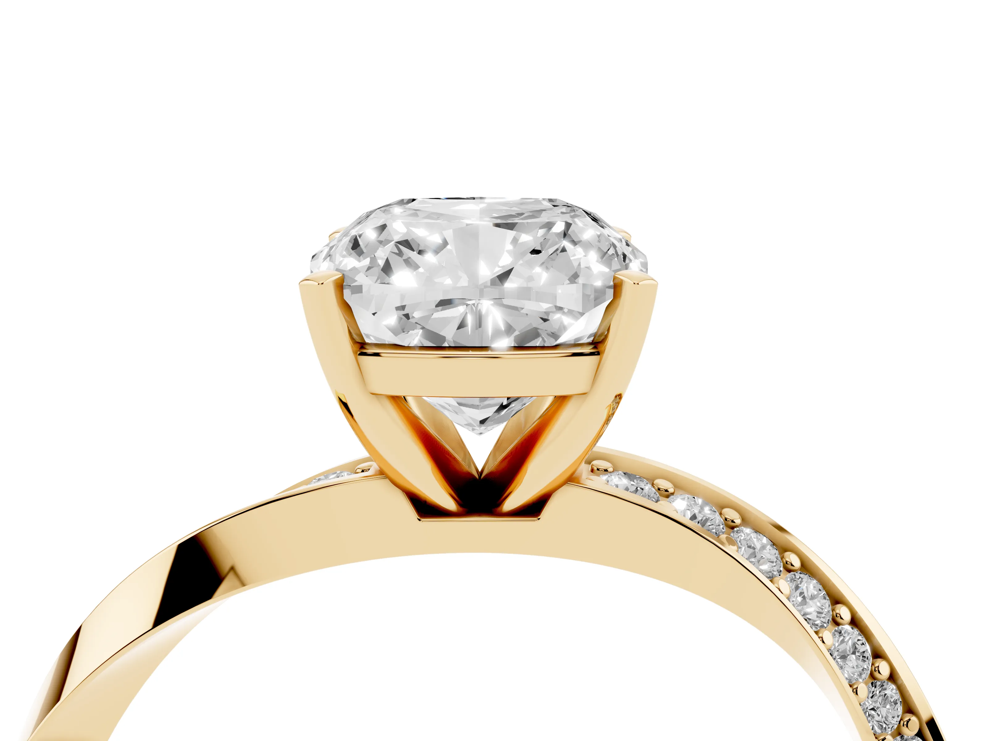 Cushion Cut Diamond Engagement Ring Set in Yellow gold with Side Stone Accents and Prong Setting
