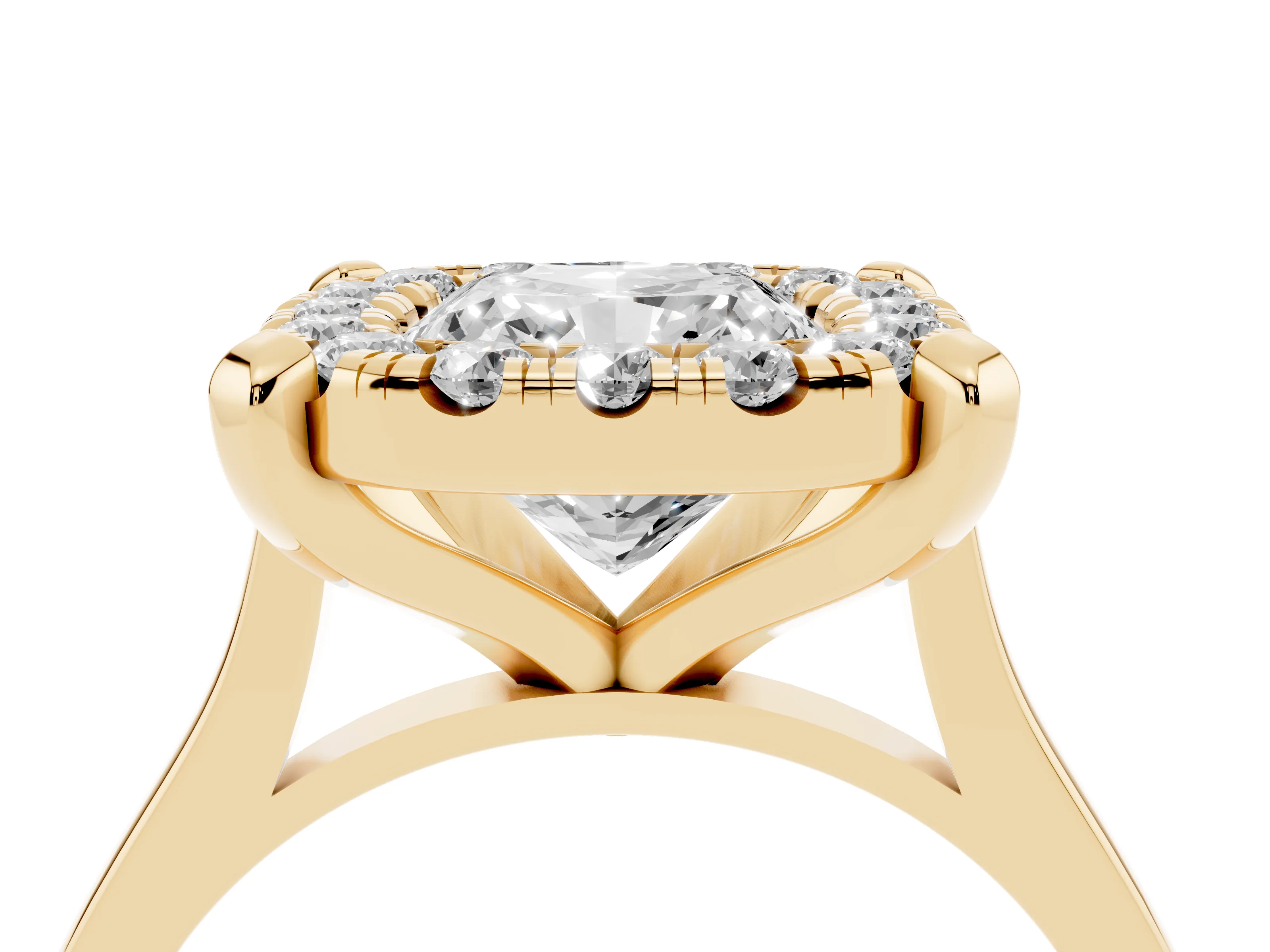 Cushion Cut Diamond Cluster Halo Solitaire Ring Set in Yellow gold with Prong Setting