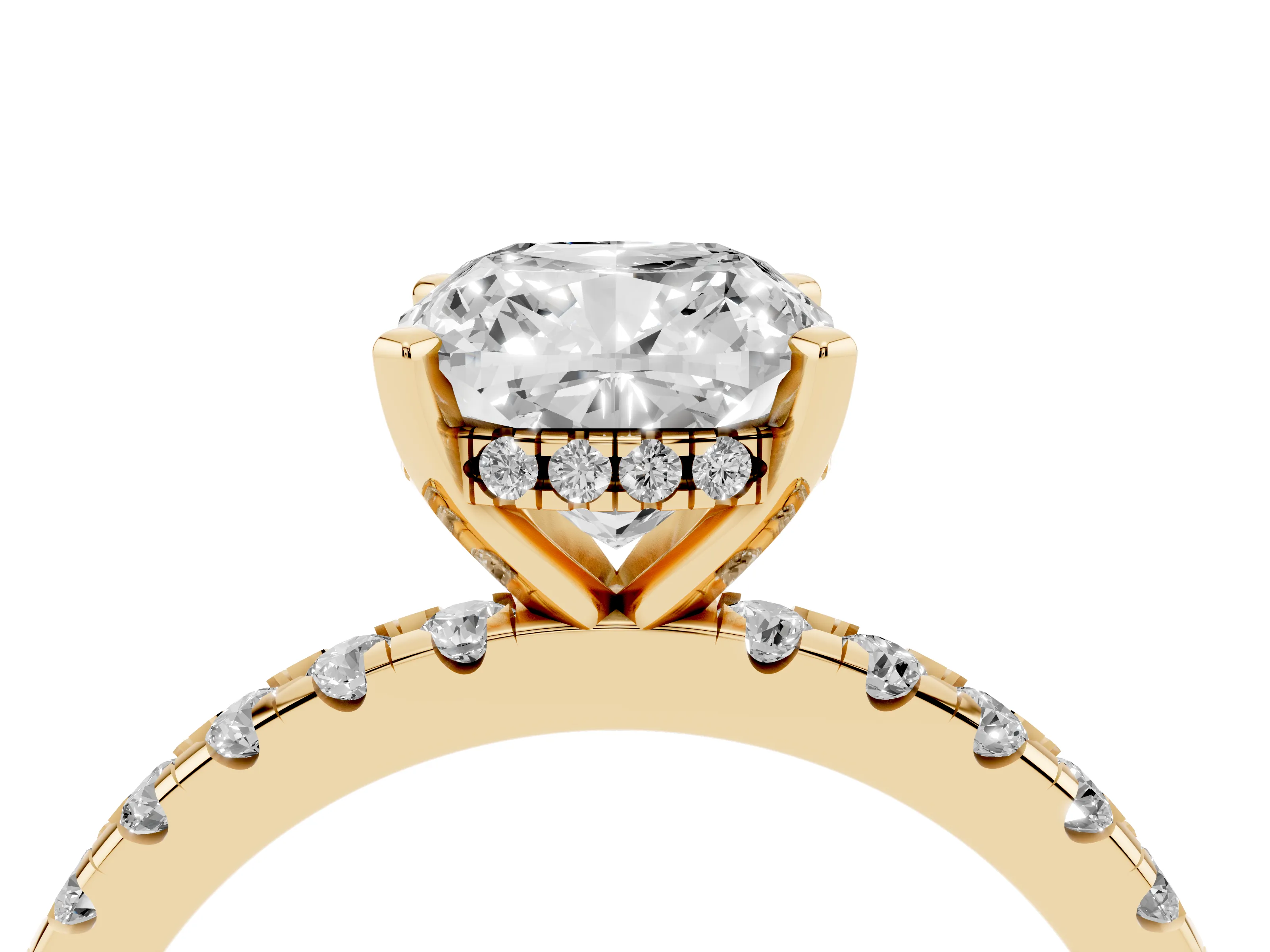 Cushion Cut Diamond Pavé Solitaire Ring Set in Yellow gold with Round Band Accents and Prong Setting