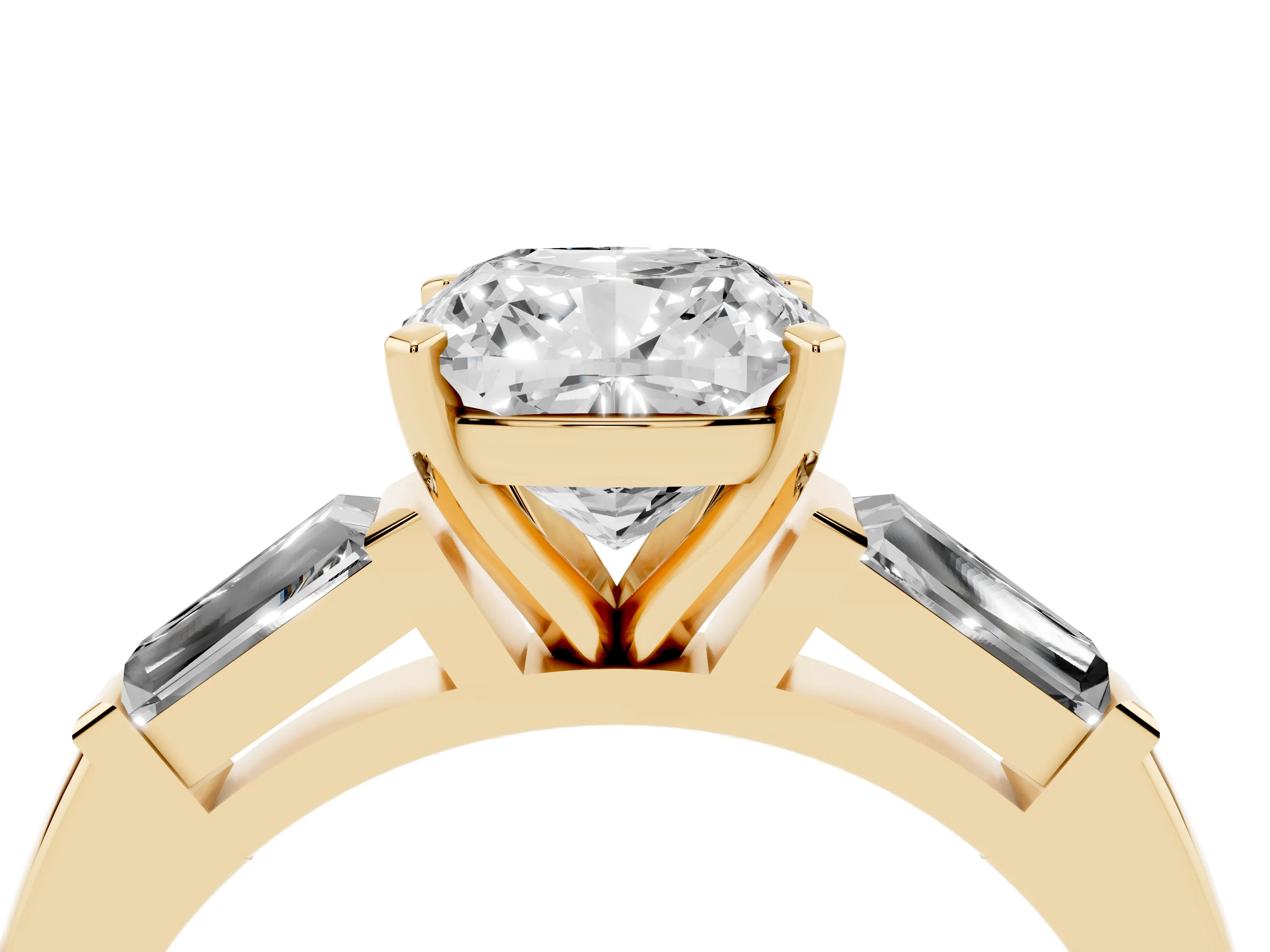 Cushion Cut Diamond Solitaire Ring Set in Yellow gold with Tapered Baguette Side Stones and Prong Setting