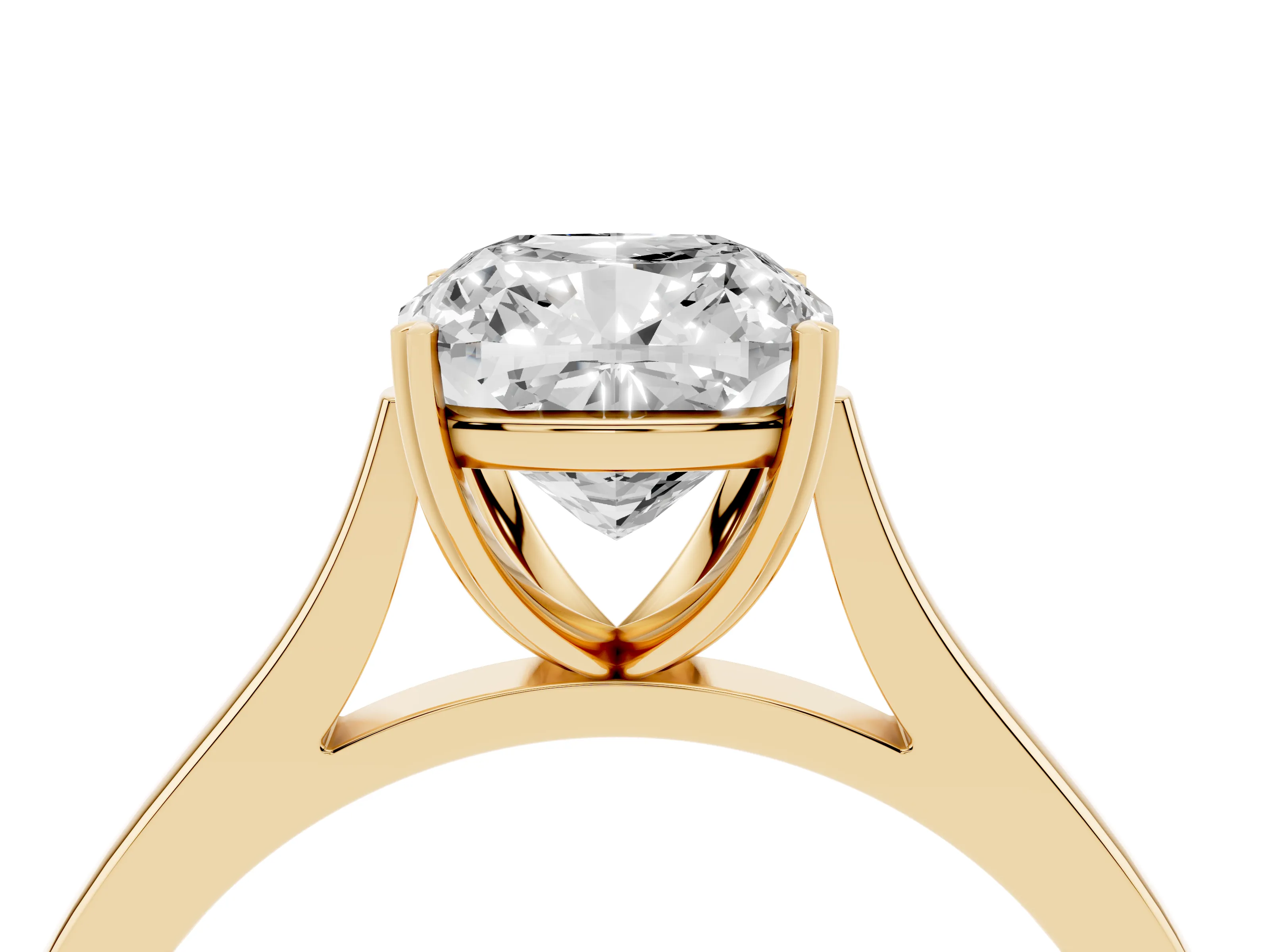 Cushion Cut Diamond Solitaire Heart Prong Engagement Ring Set in Yellow gold with Tapered Band