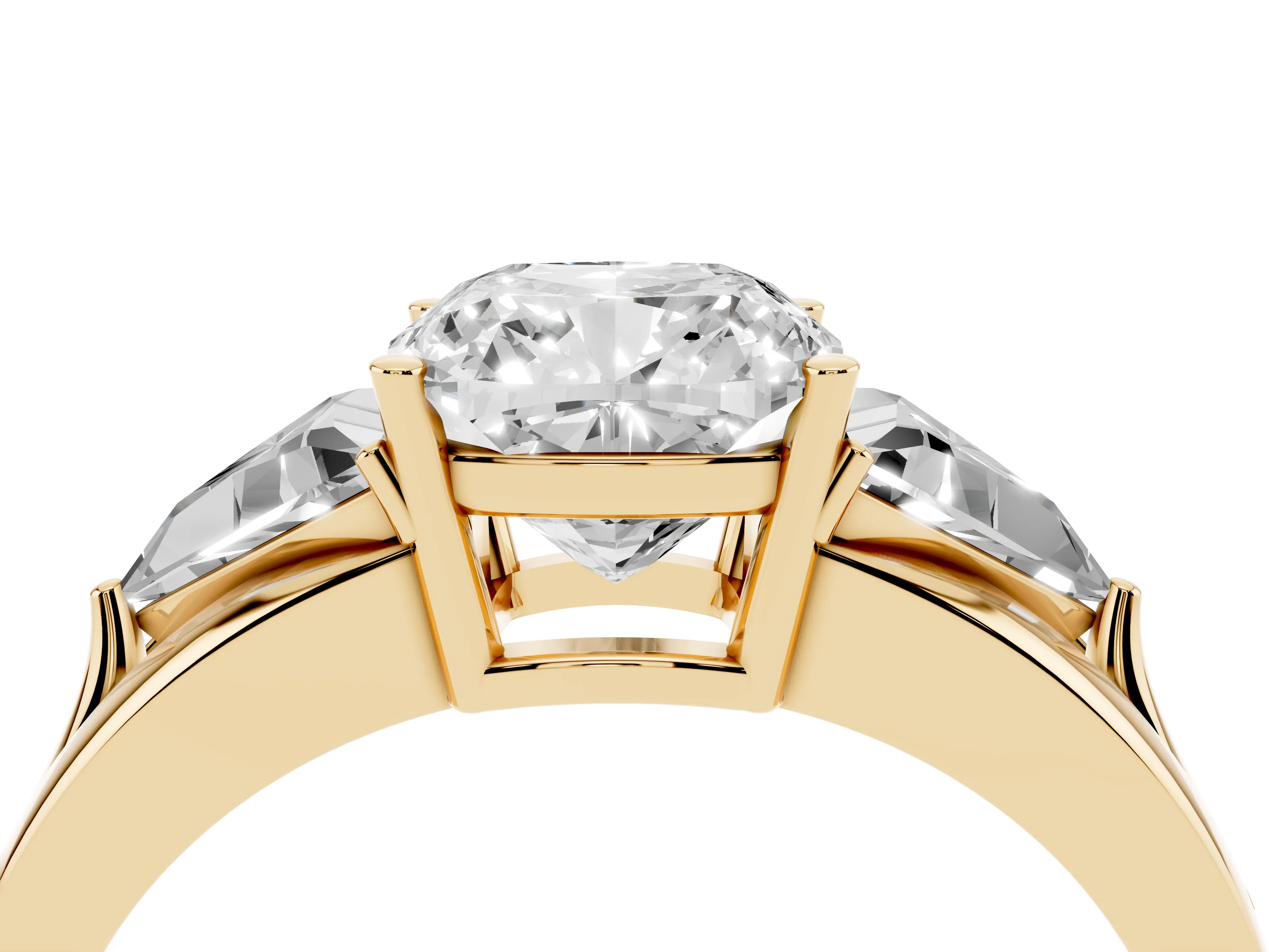 Cushion Cut Diamond Three-Stone Ring Set in Yellow gold with Trillion Side Stones and Split Shank