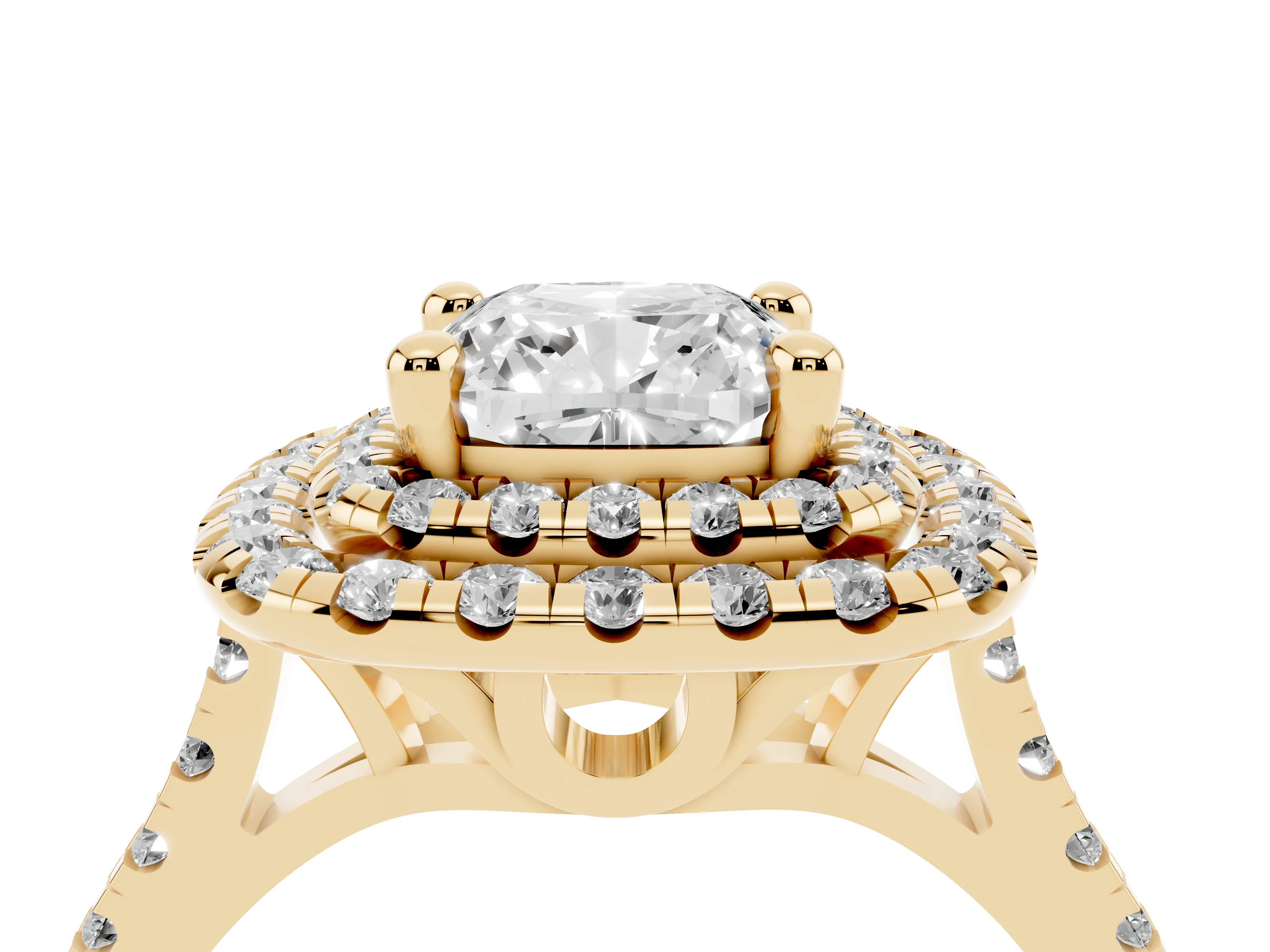 Cushion Cut Diamond Double Halo Statement Ring Set in Yellow gold with Pavé Band