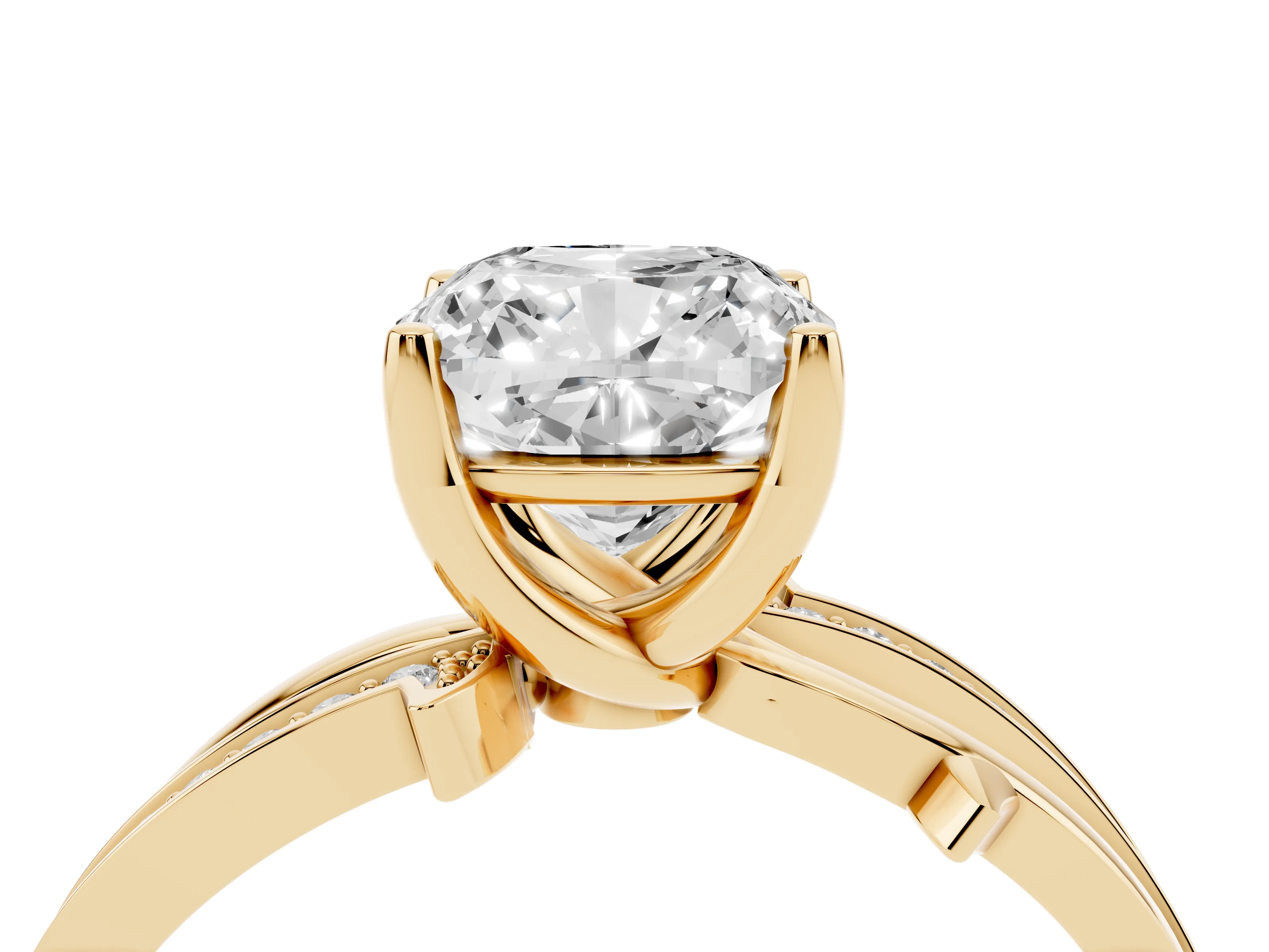 Cushion Cut Diamond Pavé Twist Band Solitaire Ring Set in Yellow gold with Prong Setting