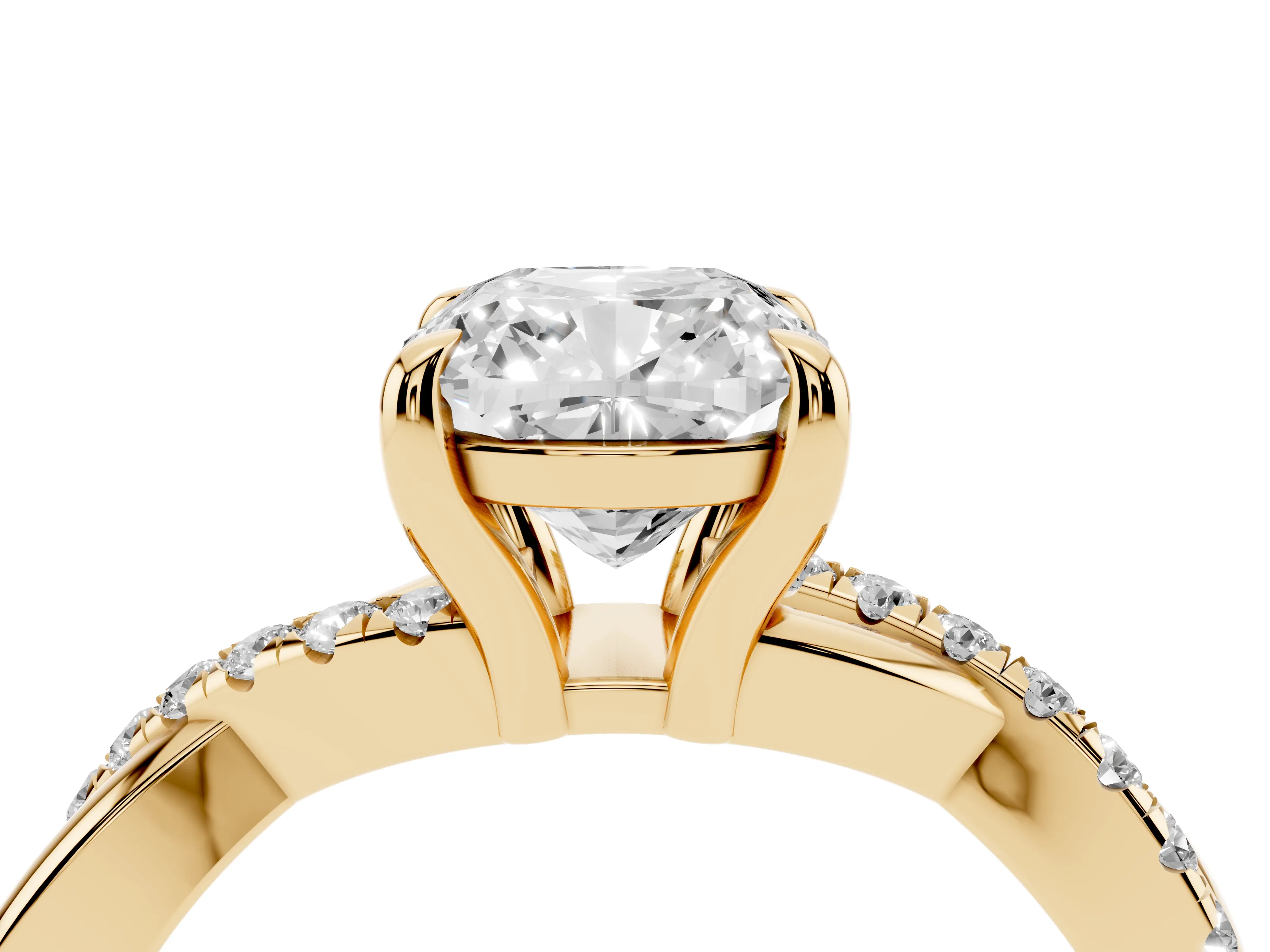 Cushion Cut Diamond Twist Band Pavé Solitaire Ring Set in Yellow gold with Prong Setting