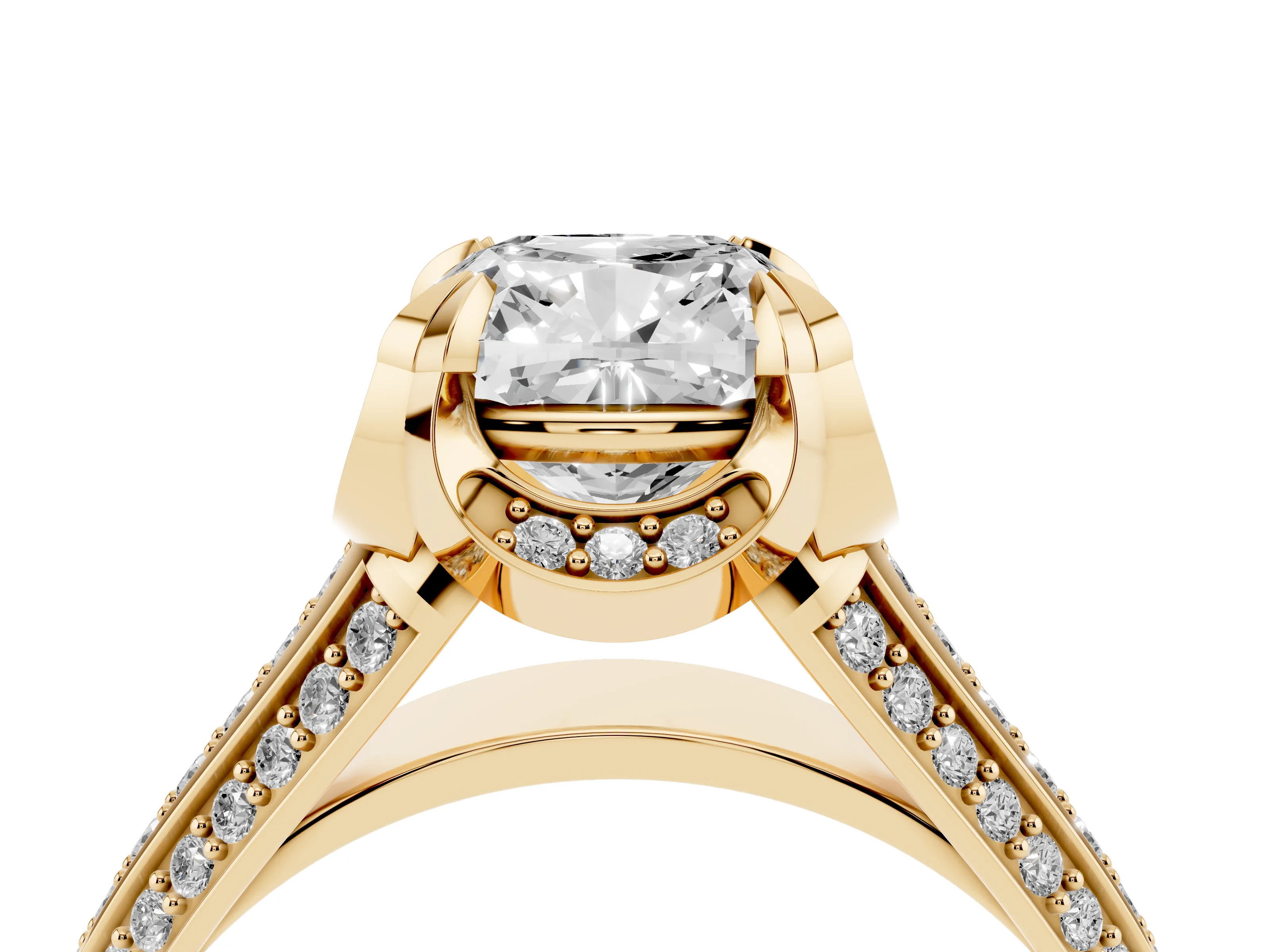 Cushion Cut Diamond Pavé Split Shank Solitaire Ring Set in Yellow gold with Prong Setting