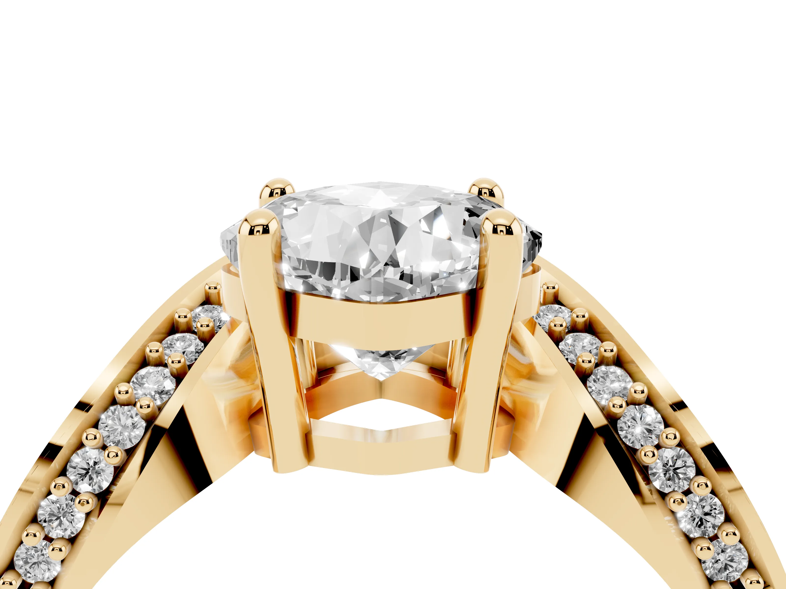 Cushion Cut Bypass Solitaire Engagement Ring Setting | Pavé Ribbon | Yellow Gold