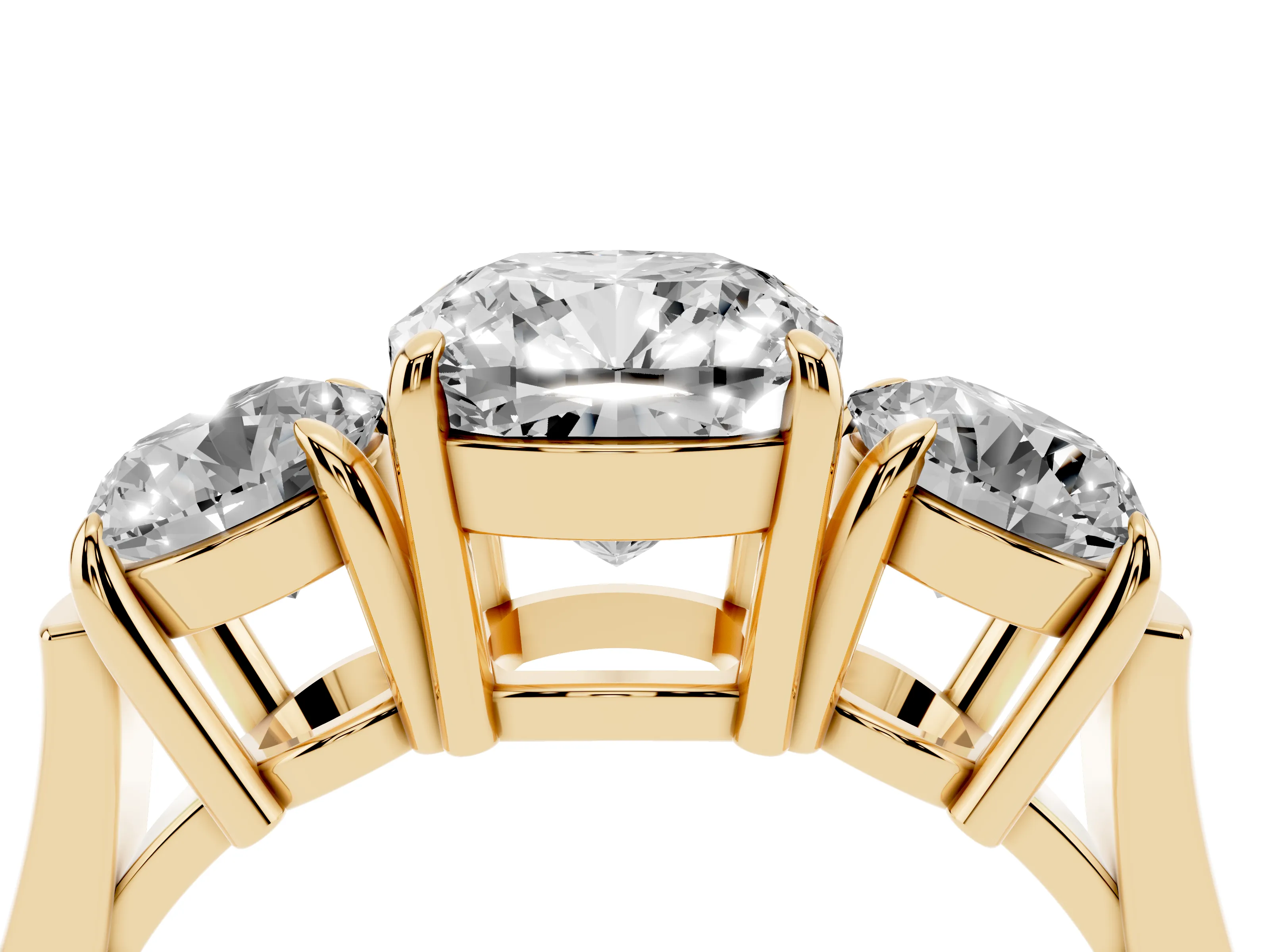 Cushion Cut Diamond Three-Stone Ring Set in Yellow gold with Round Accent Stones and Plain Band