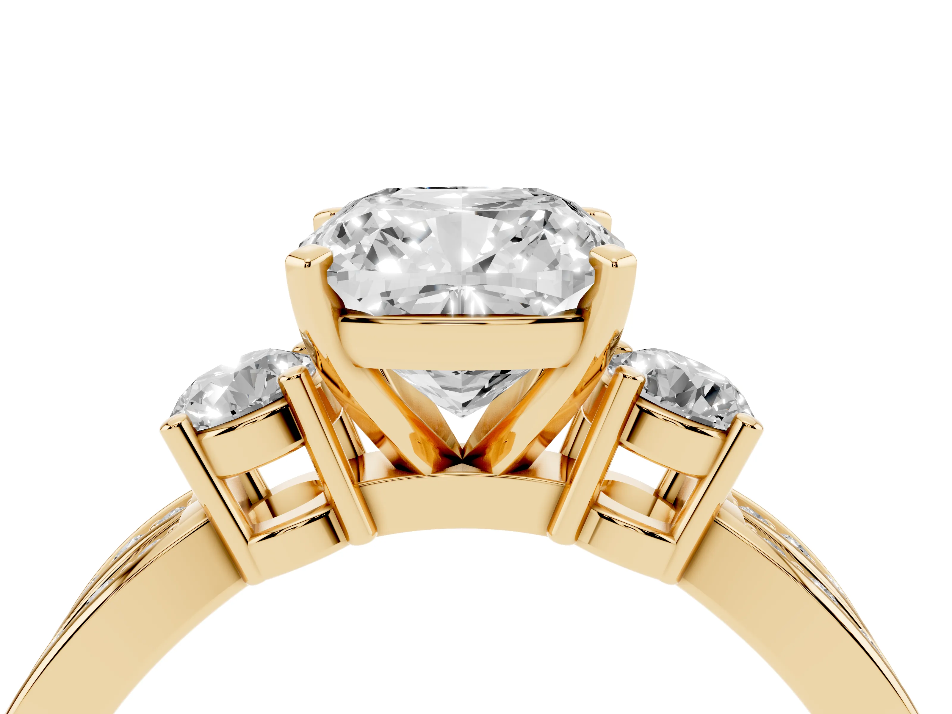 Three-Stone Cushion Cut Diamond Twist Band Ring Set in Yellow gold with Pavé Accents and Prong Setting