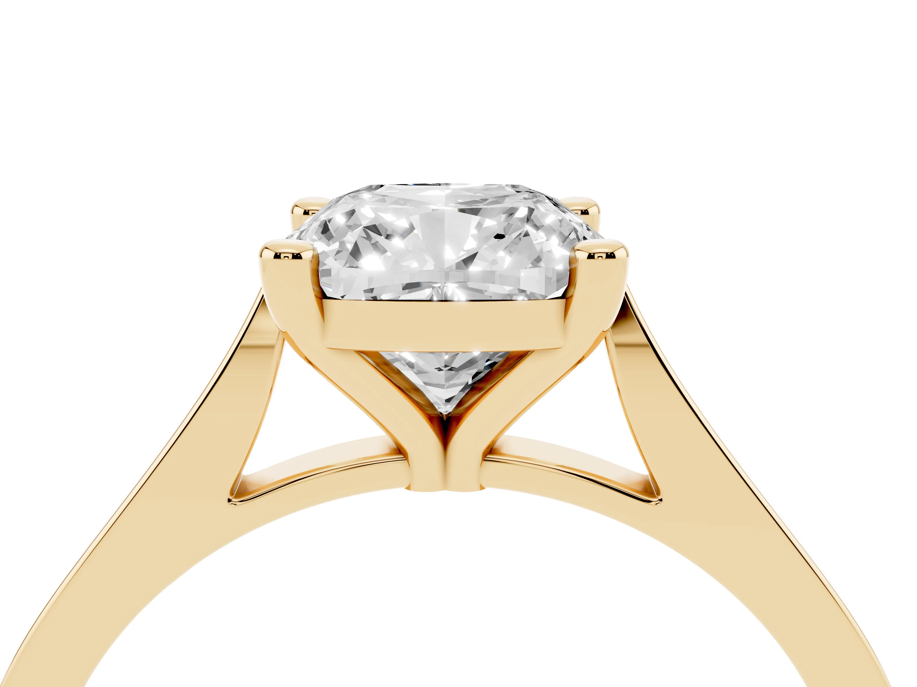 Cushion Cut Diamond Solitaire Ring Set in Yellow gold with Prong Setting and Tapered Band