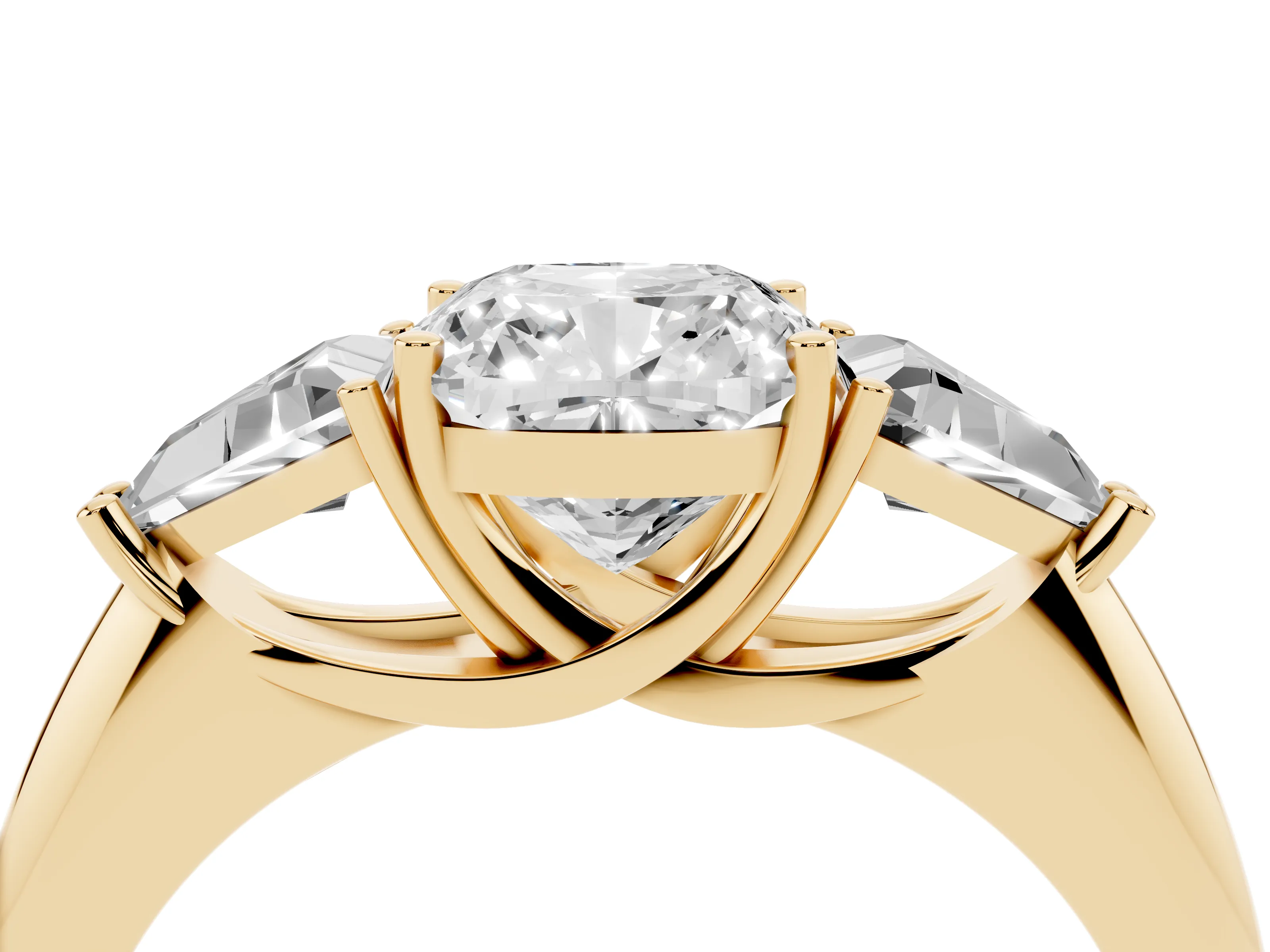 Cushion Cut Diamond Three-Stone Engagement Ring Set in Yellow gold with Trillion Side Stones