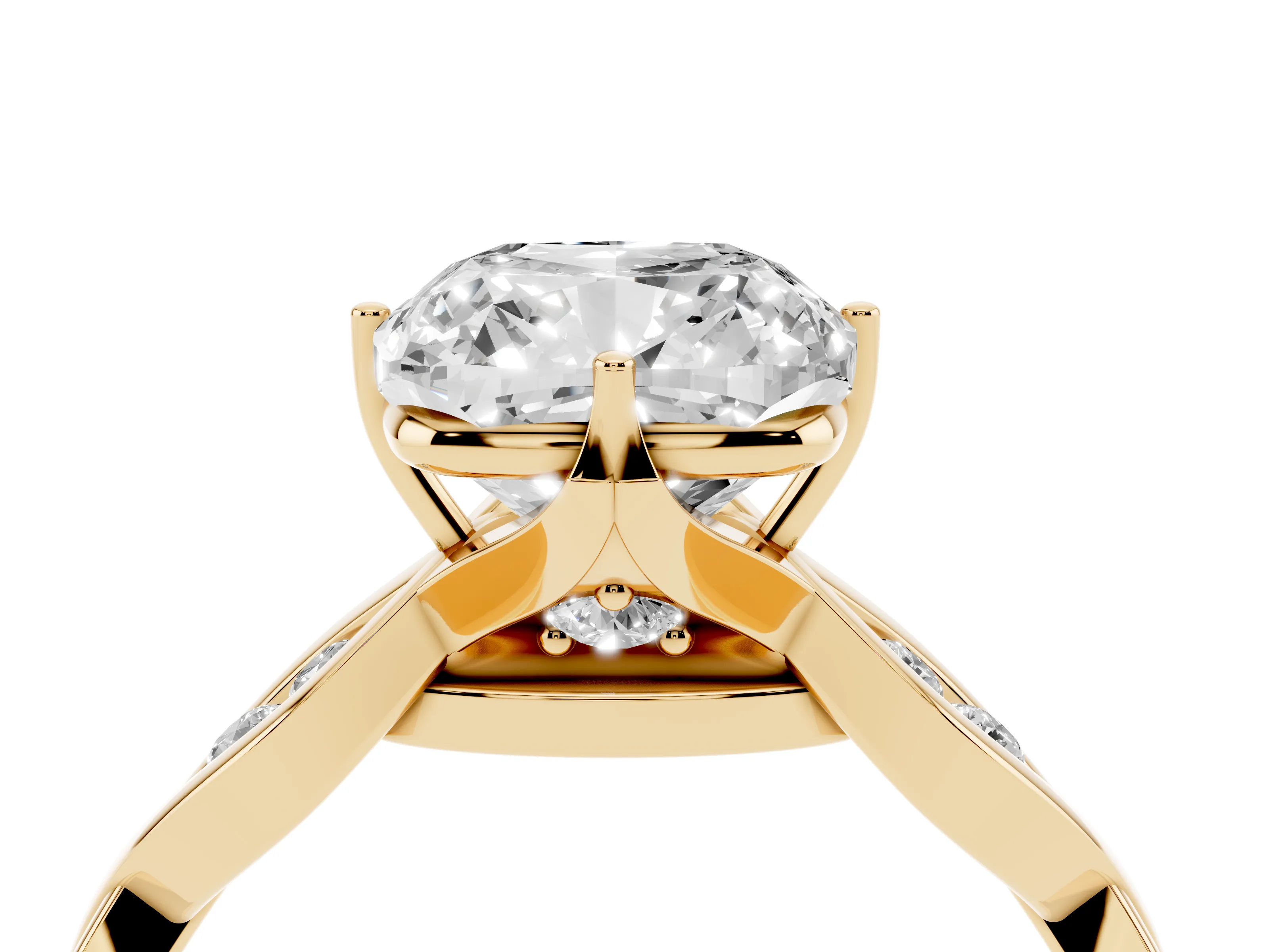 Cushion Cut Diamond Twist Band Solitaire Ring Set in Yellow gold with Leaf Prong Setting and Accent Stones