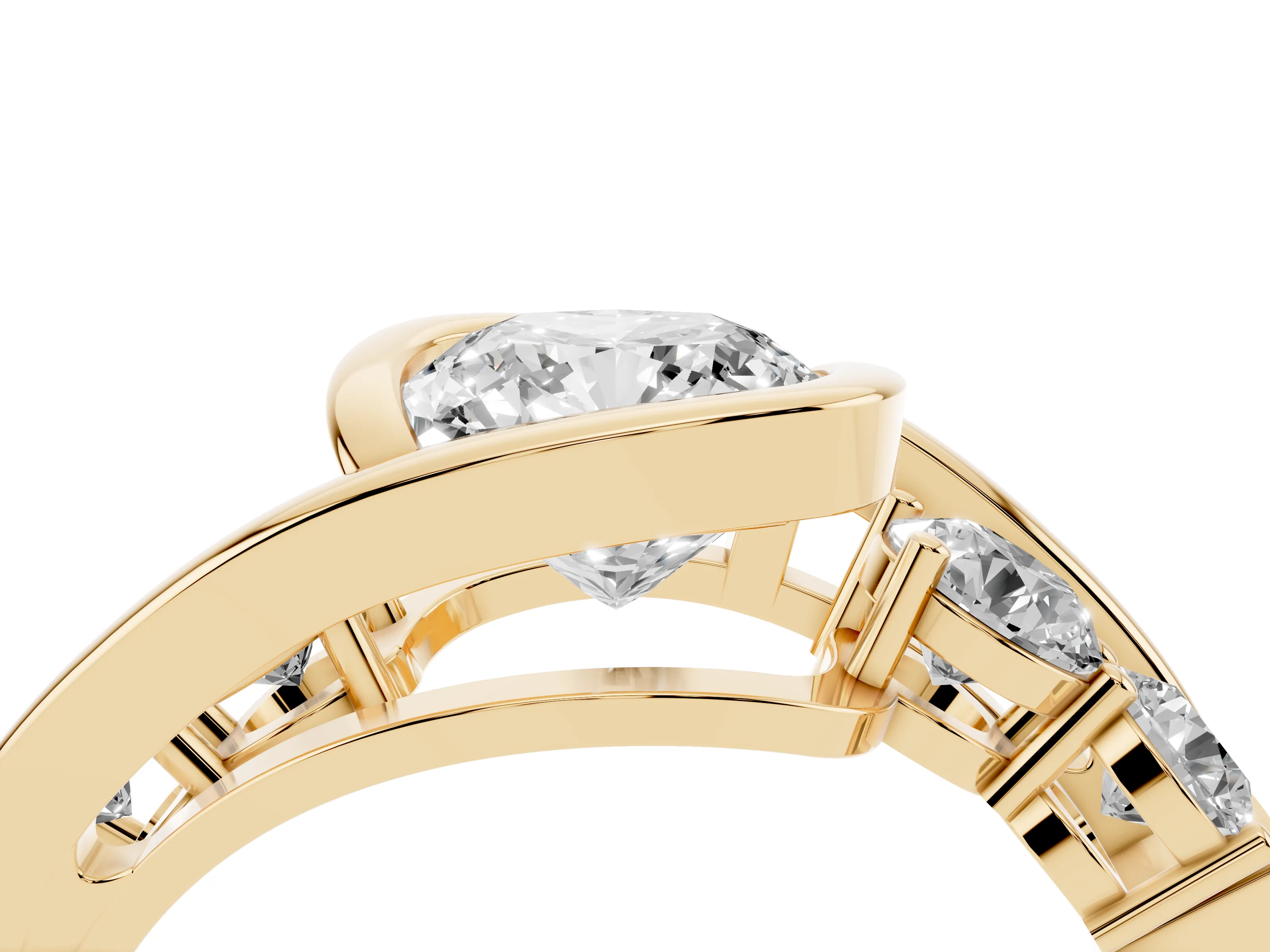 Cushion Cut Diamond Bezel Bypass Ring Set in Yellow gold with Round Accents