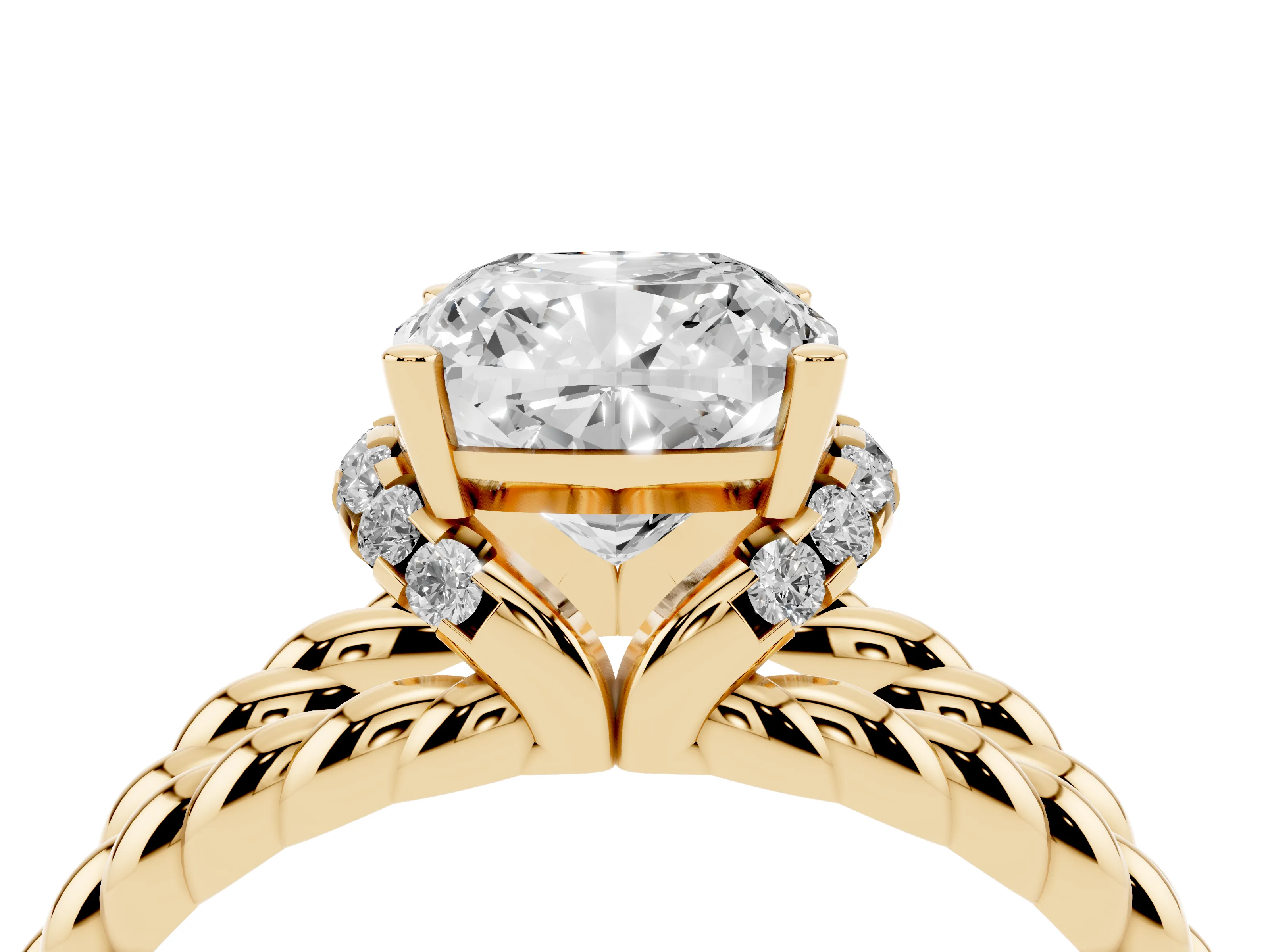 Cushion Cut Diamond Halo Ring Set in Yellow gold with Twisted Band and Prong Setting