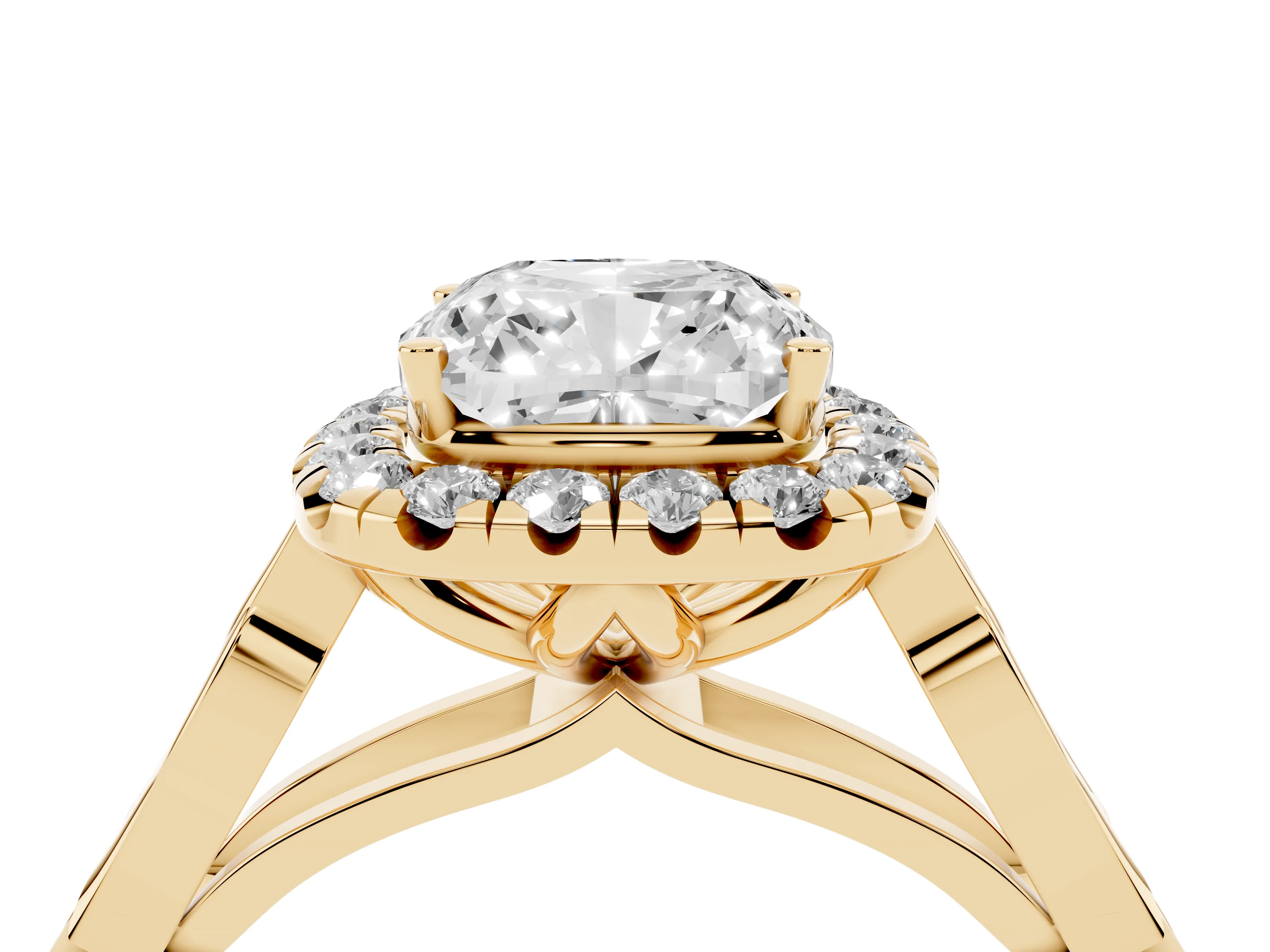 Cushion Cut Diamond Halo Engagement Ring Set in Yellow gold with Filigree Band and Prong-Set Center