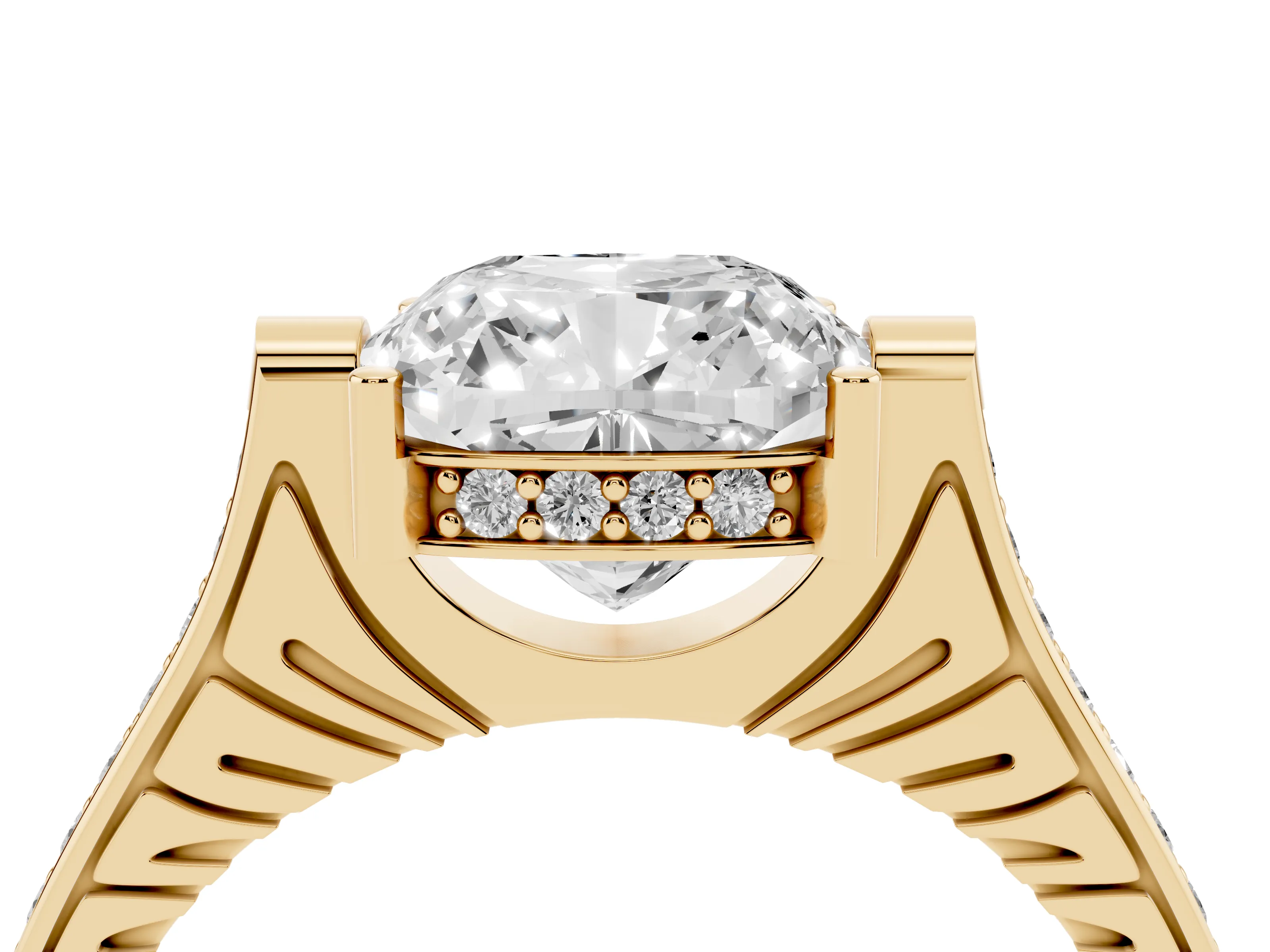 Cushion Cut Diamond Solitaire Ring Set in Yellow gold with Channel Set Band and Bezel Prong Setting
