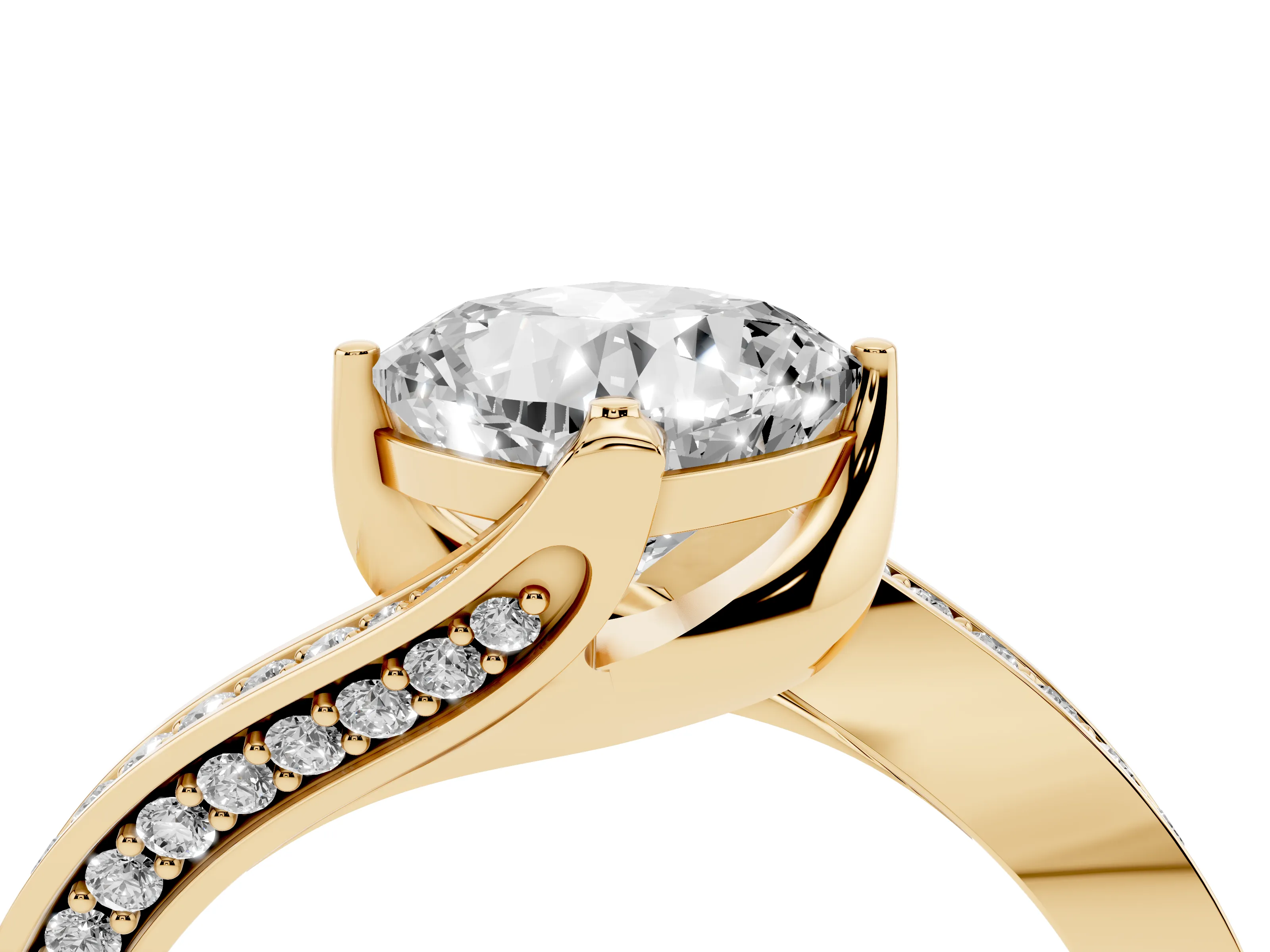Cushion Cut Diamond Solitaire Ring Set in Yellow gold with Intertwined Pavé Twist Band