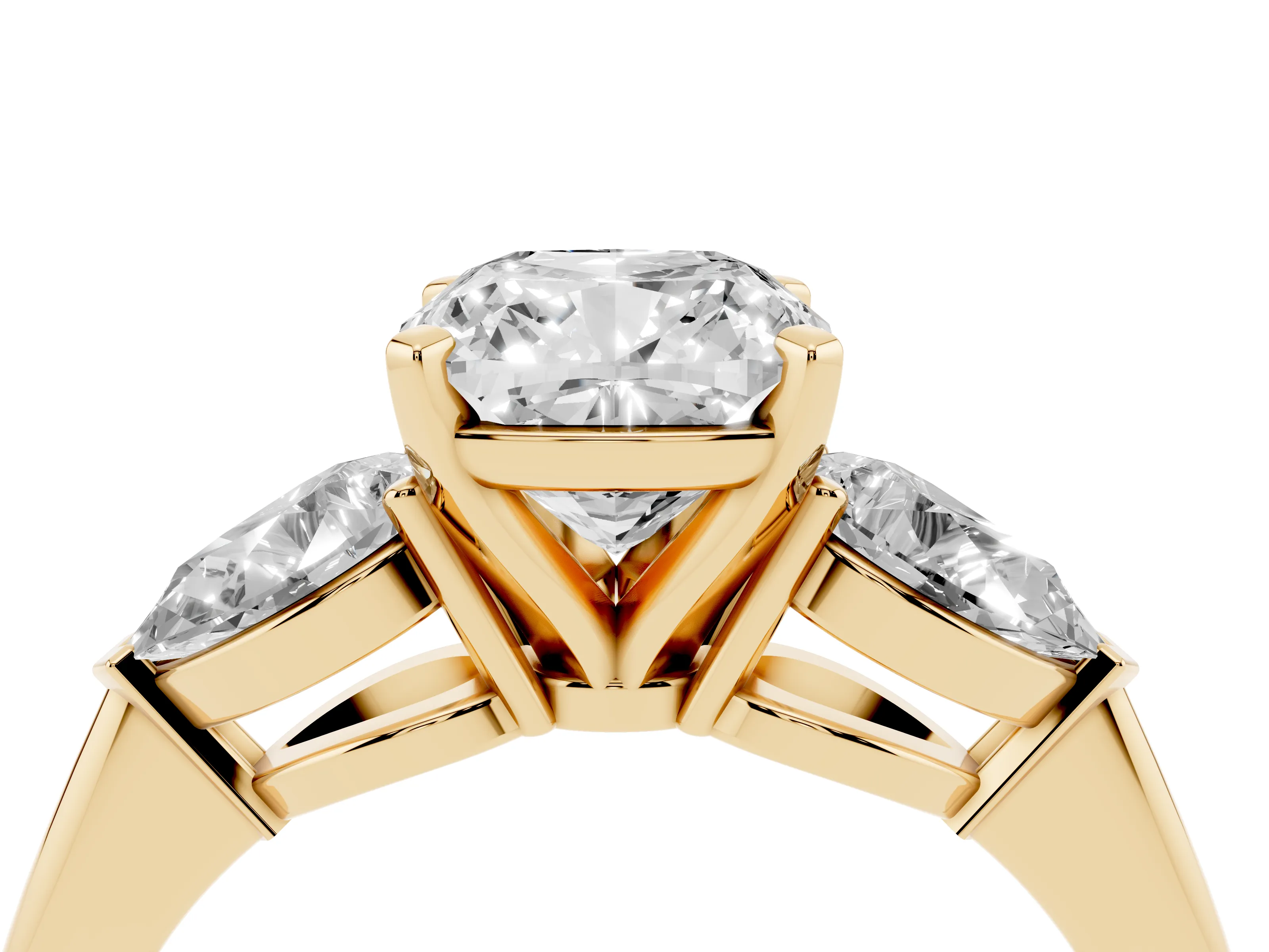 Three-Stone Cushion Cut Diamond Ring Set in Yellow gold with Pear Side Stones and Prong Setting