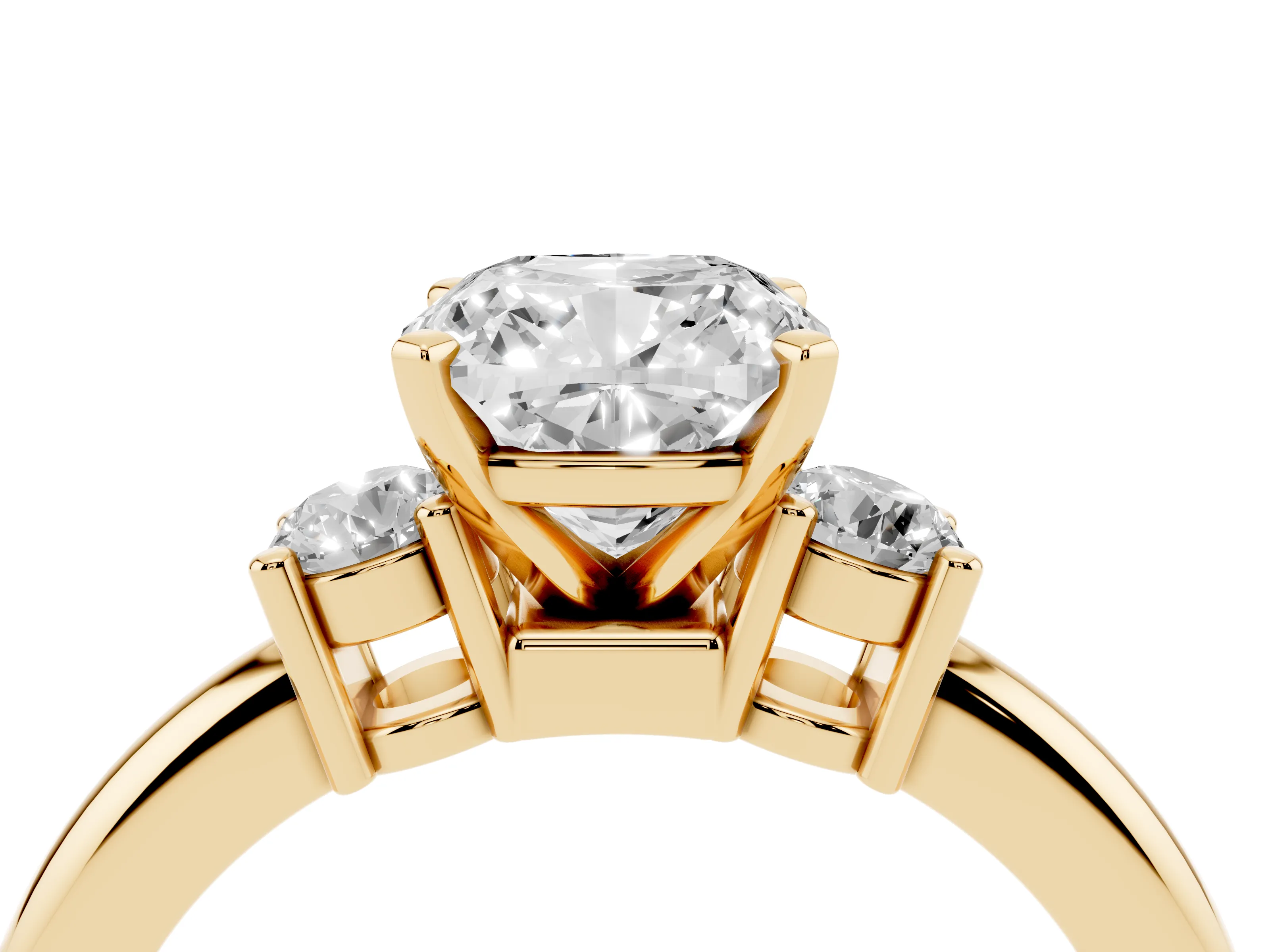 Three-Stone Cushion Cut Diamond Ring Set in Yellow gold with Prong Setting and Plain Band