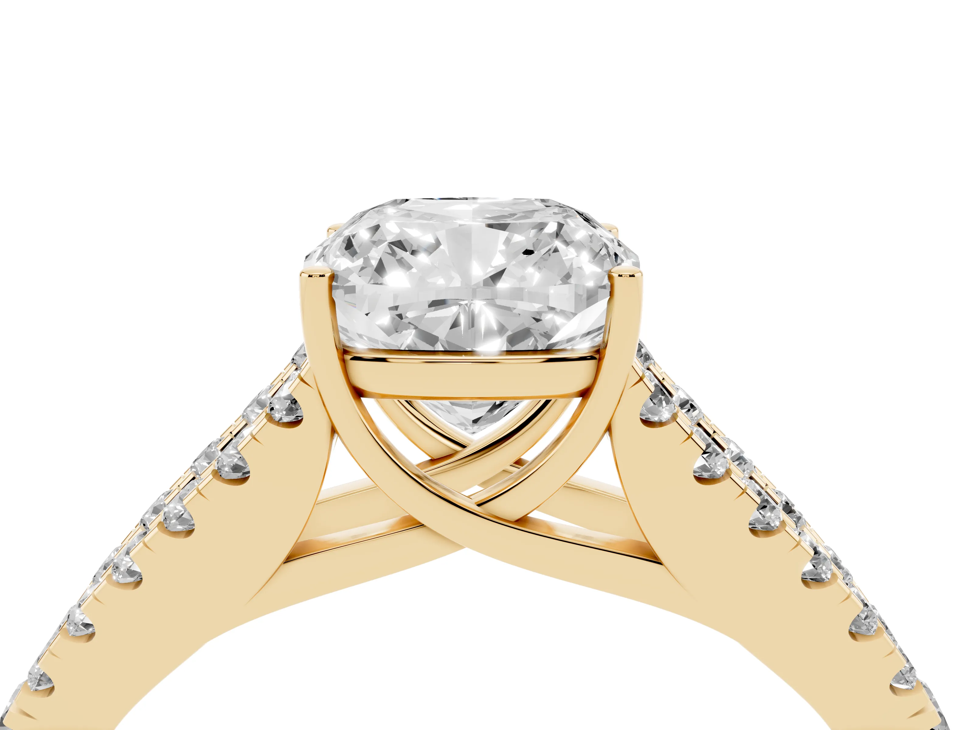 Cushion Cut Diamond Split Shank Pavé Engagement Ring Set in Yellow gold with Prong-Held Center Stone
