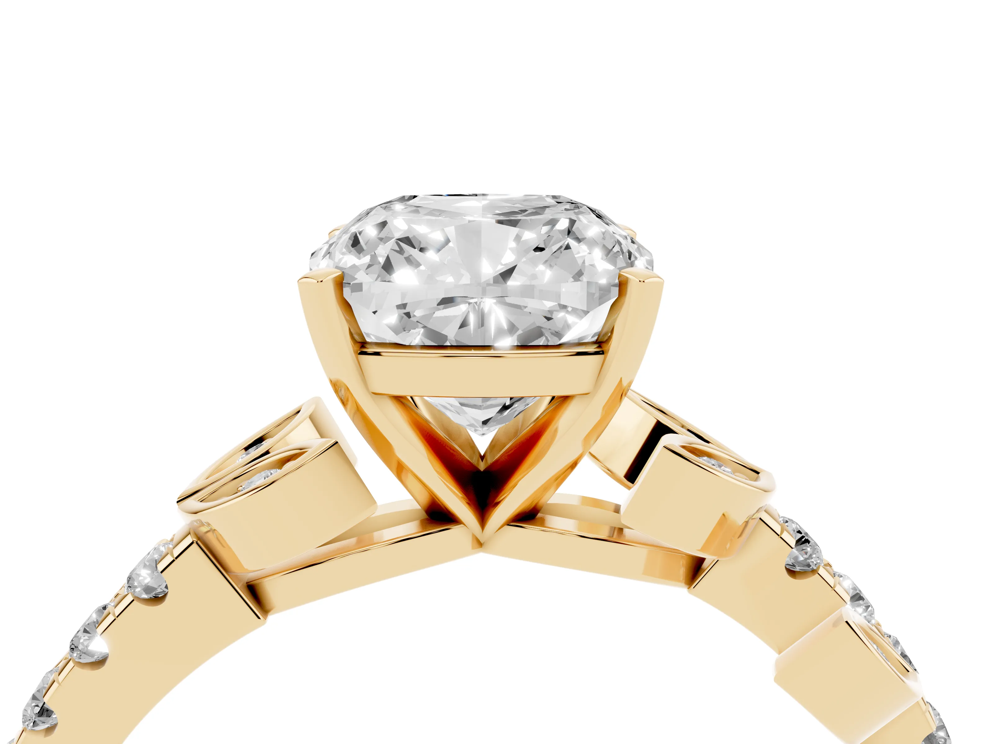 Cushion Cut Diamond Solitaire Leaf-Inspired Ring Set in Yellow gold with Pavé Band and Prong Setting