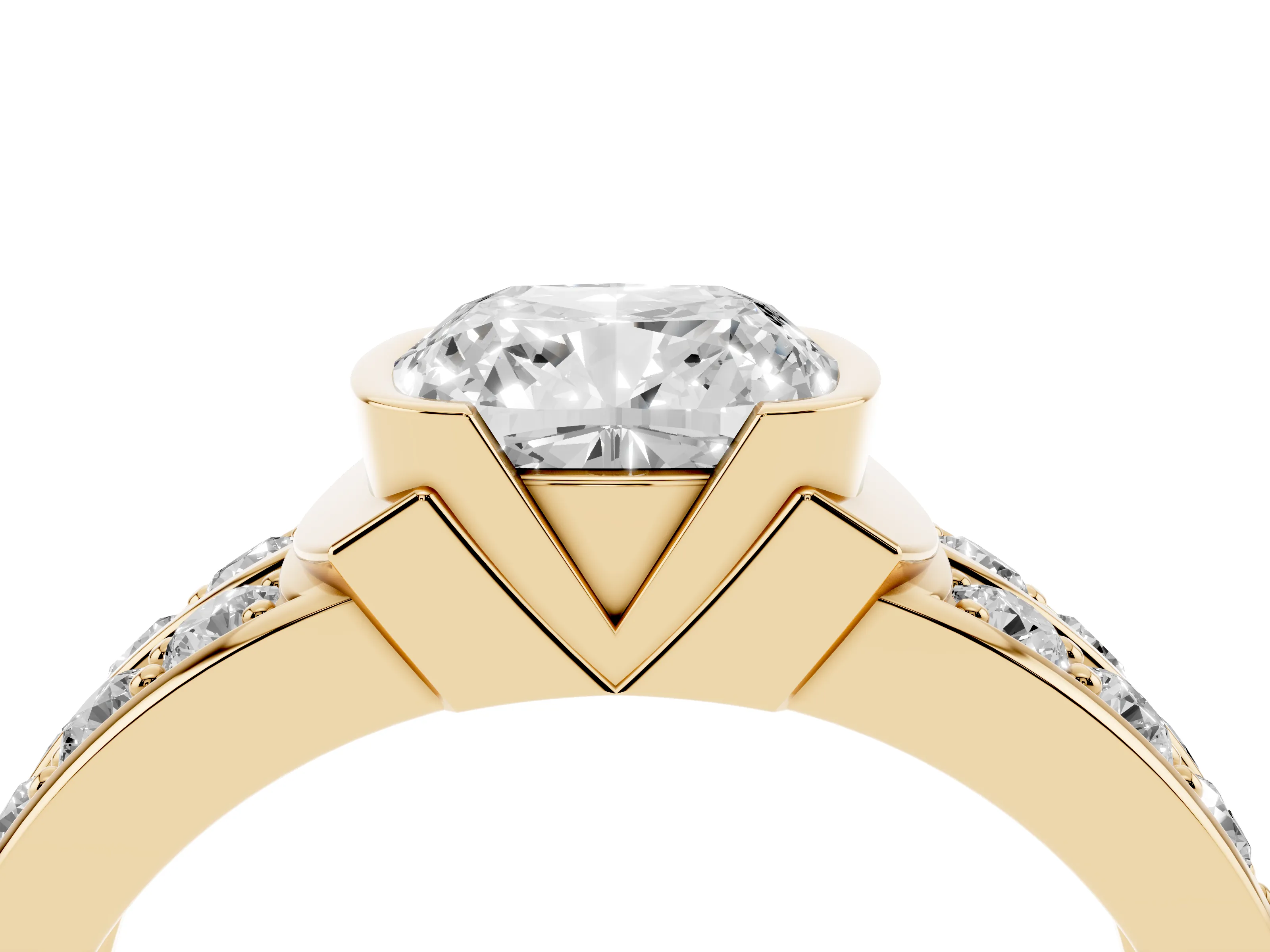 Cushion Cut Diamond Wide Channel Set Band Ring Set in Yellow gold with Bezel Setting