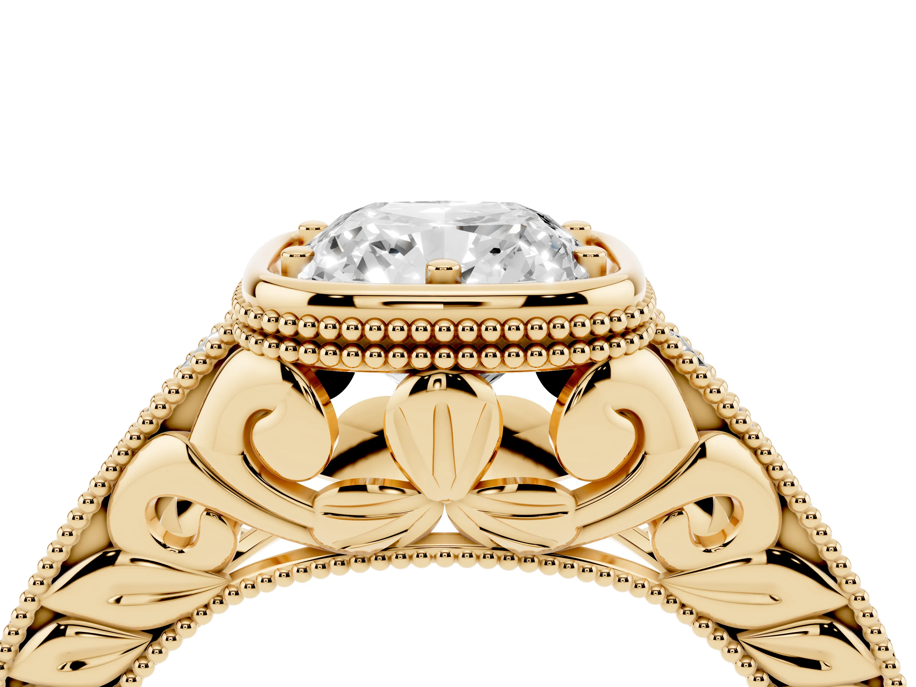 Bezel Set Cushion Cut Diamond Milgrain Pavé Engagement Ring Set in Yellow gold