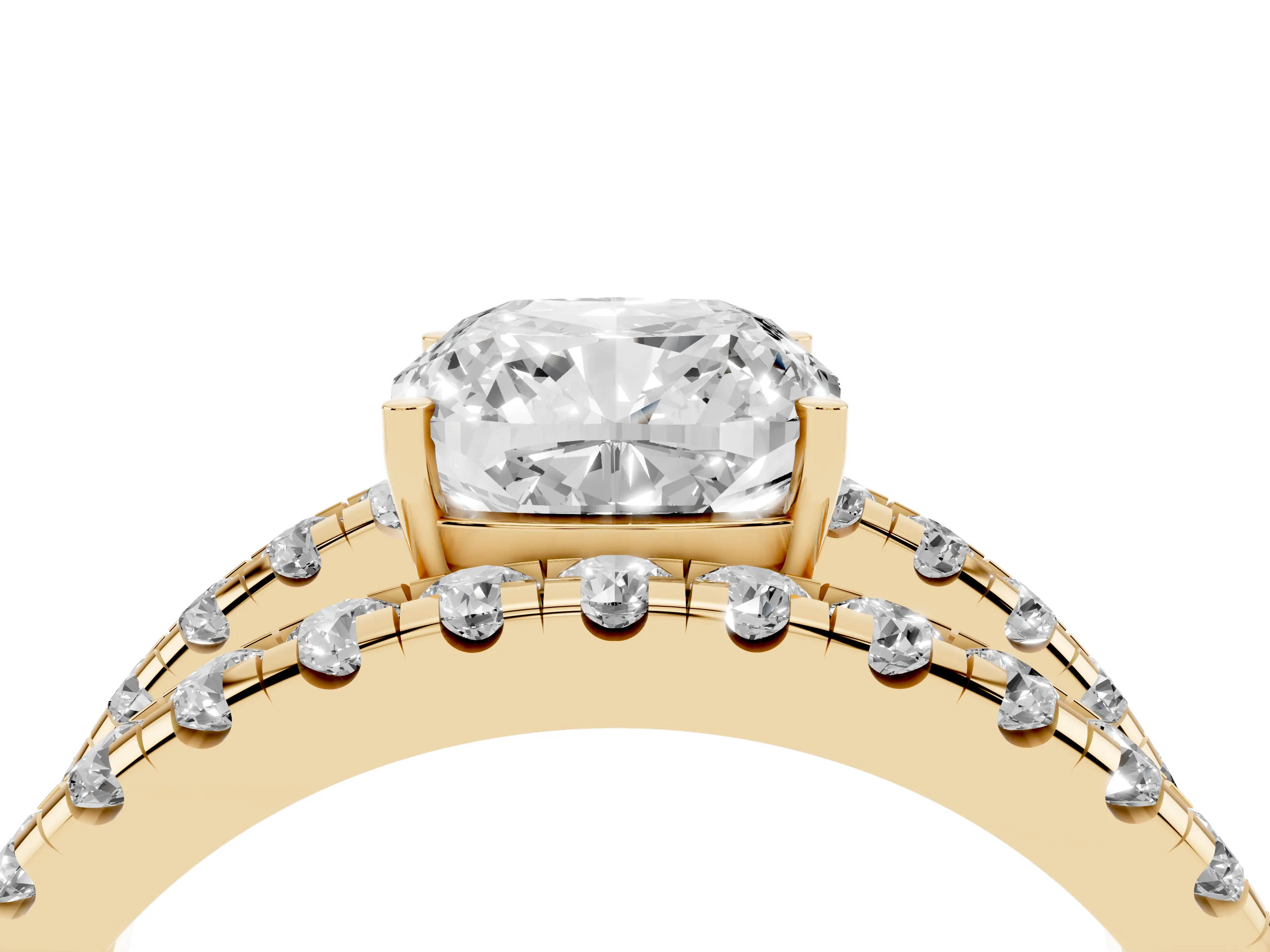 Cushion Cut Diamond Split Shank Pavé Solitaire Ring Set in Yellow gold with Open Shank Design
