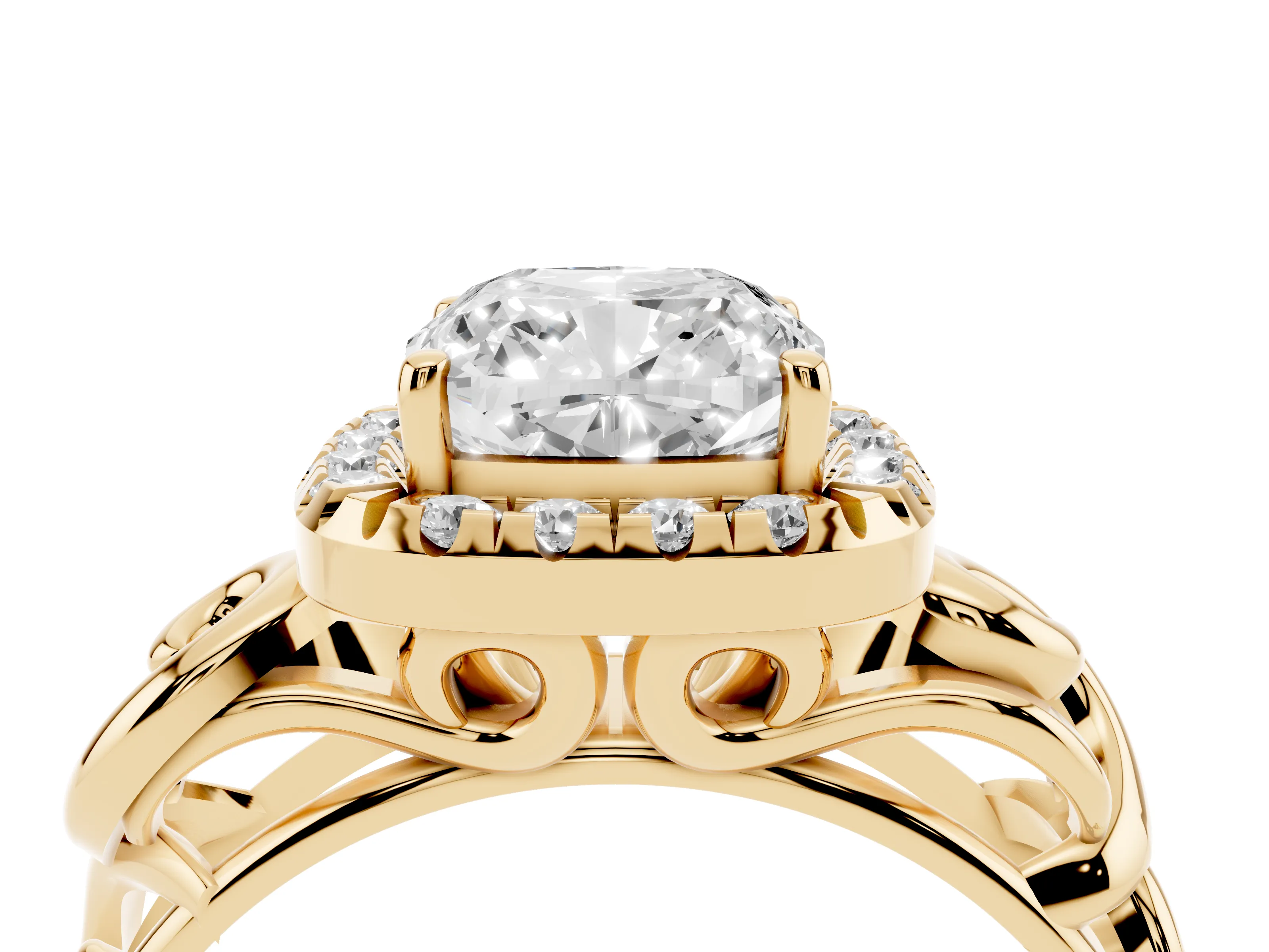 Cushion Cut Diamond Halo Ring Set in Yellow gold with Scrollwork Band and Prong Setting