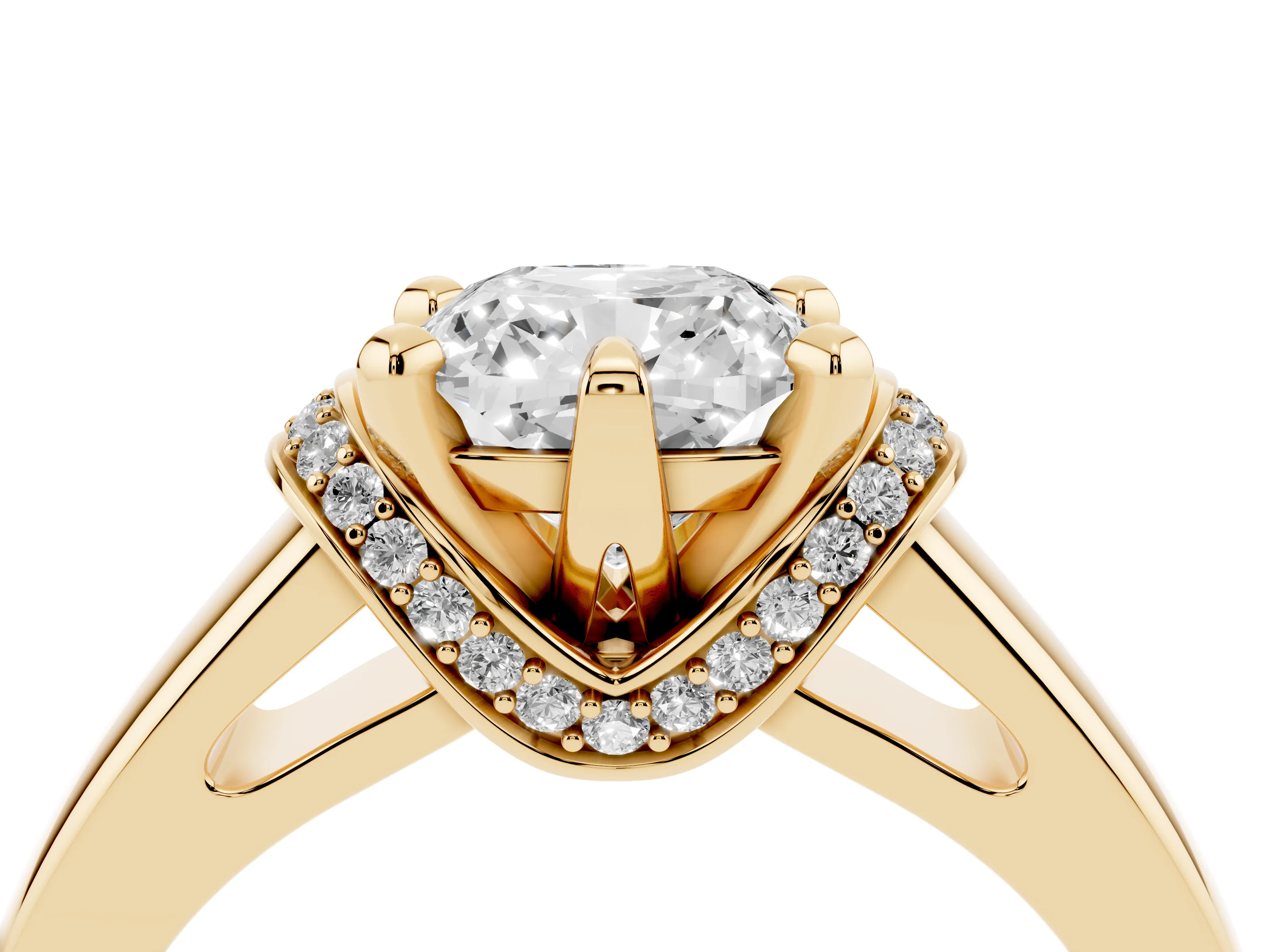 Cushion Cut Diamond Pavé Band Solitaire Ring Set in Yellow gold with Prong Setting