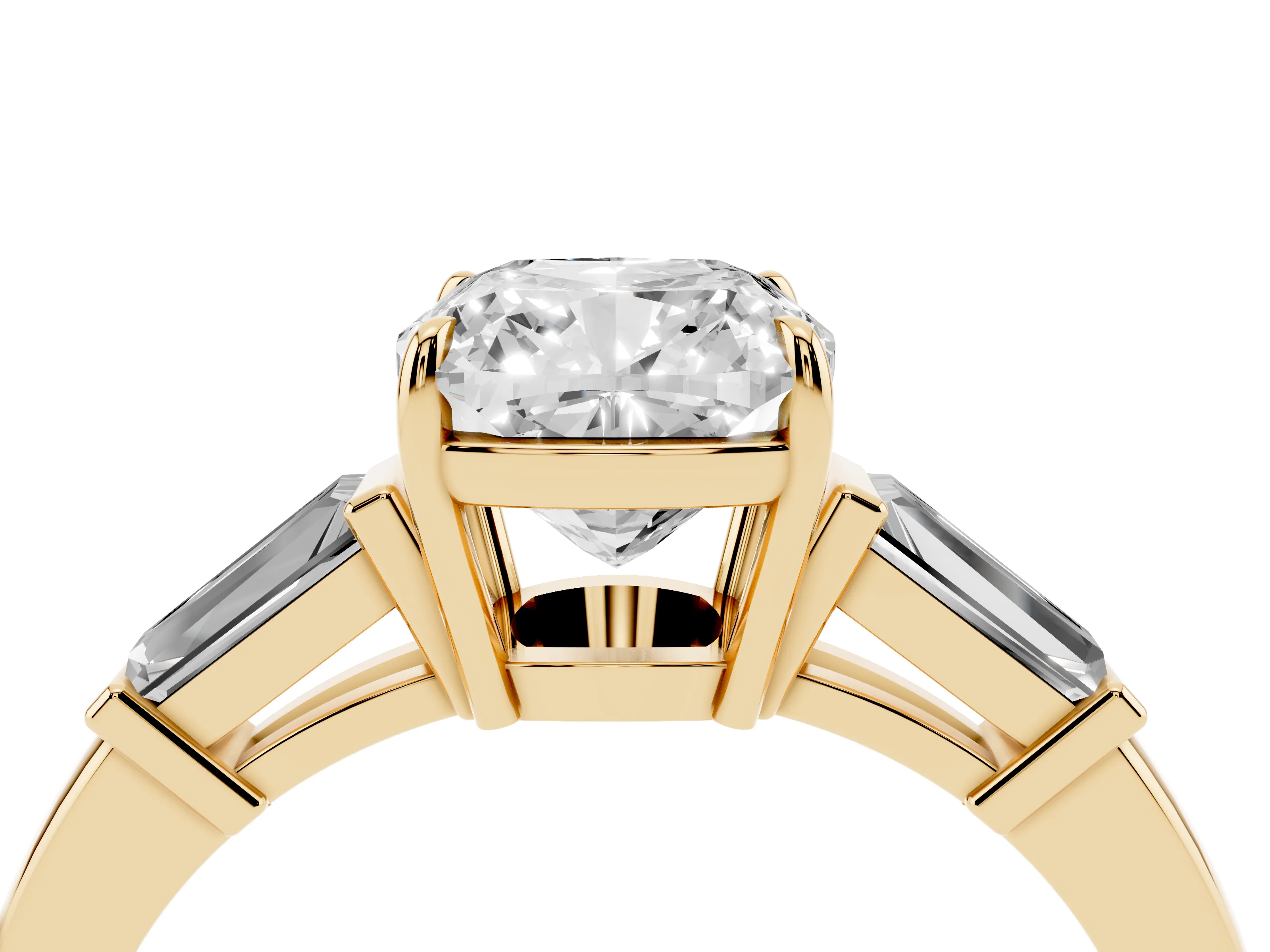 Cushion Cut Diamond Three-Stone Ring Set in Yellow gold with Tapered Baguette Side Stones and Prong Setting