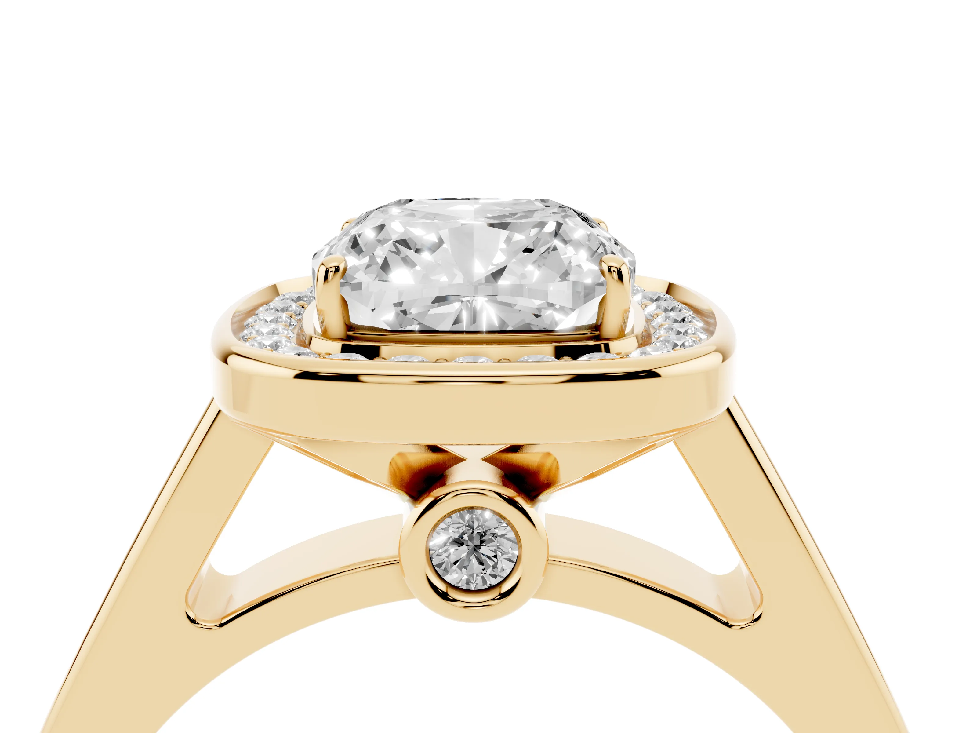 Cushion Cut Diamond Halo Solitaire Ring Set in Yellow gold with Pavé Band and Bezel Setting