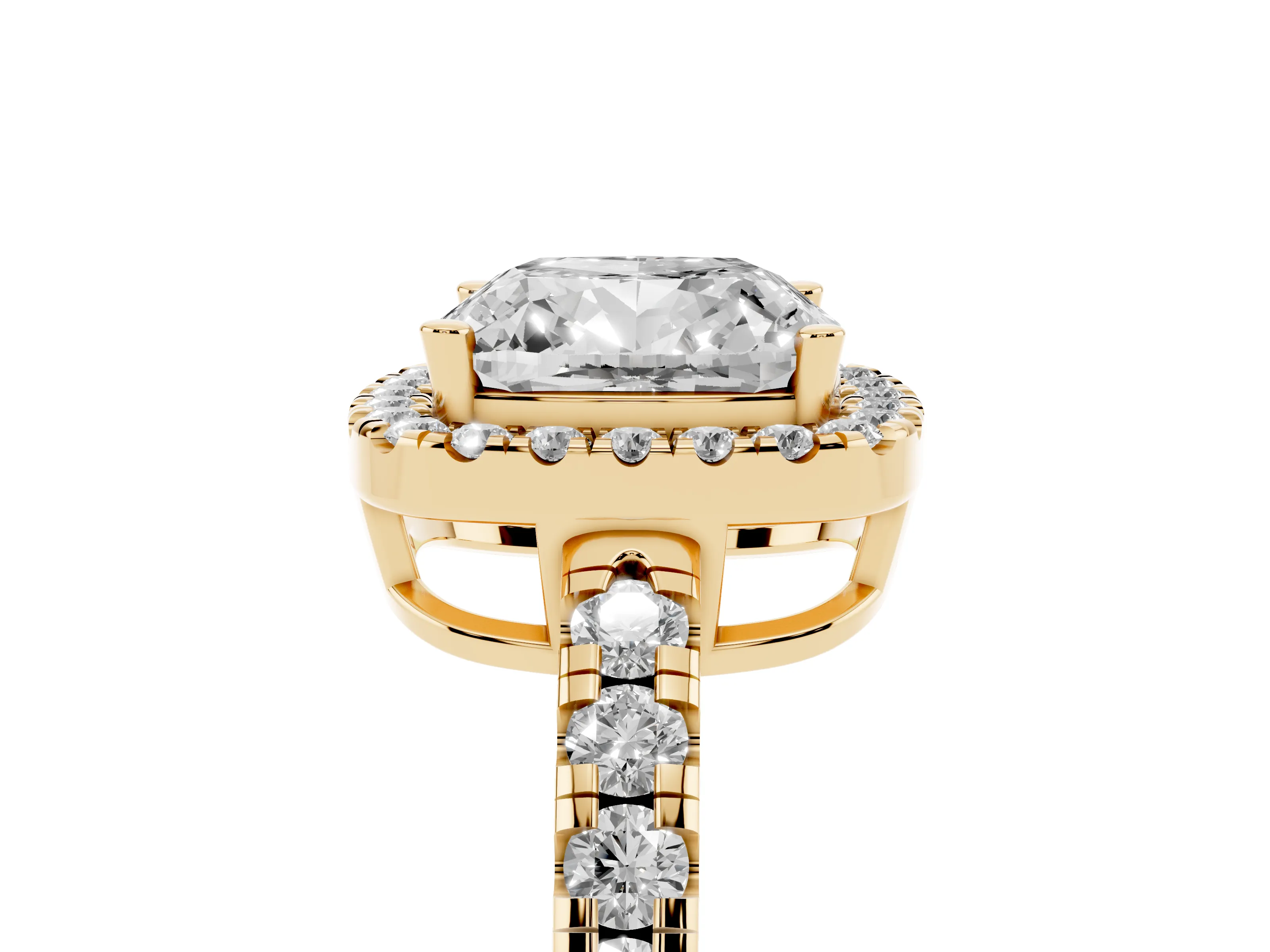 Cushion Cut Diamond Halo Ring Set in Yellow gold with Delicate Pavé Band and Prong Setting