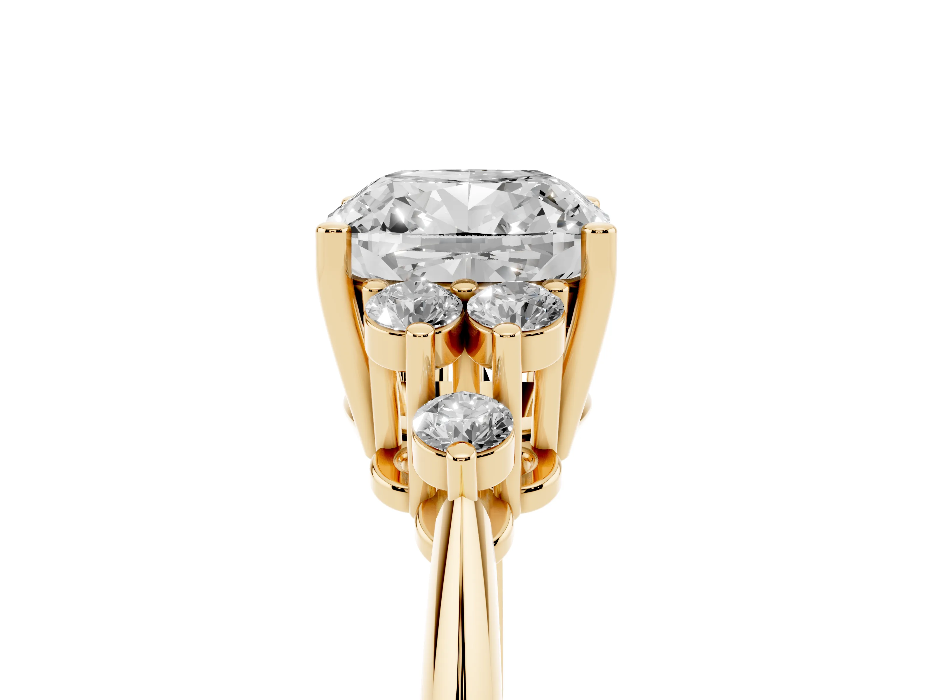 Cushion Cut Diamond Cluster Ring Set in Yellow gold with Plain Band and Prong Setting