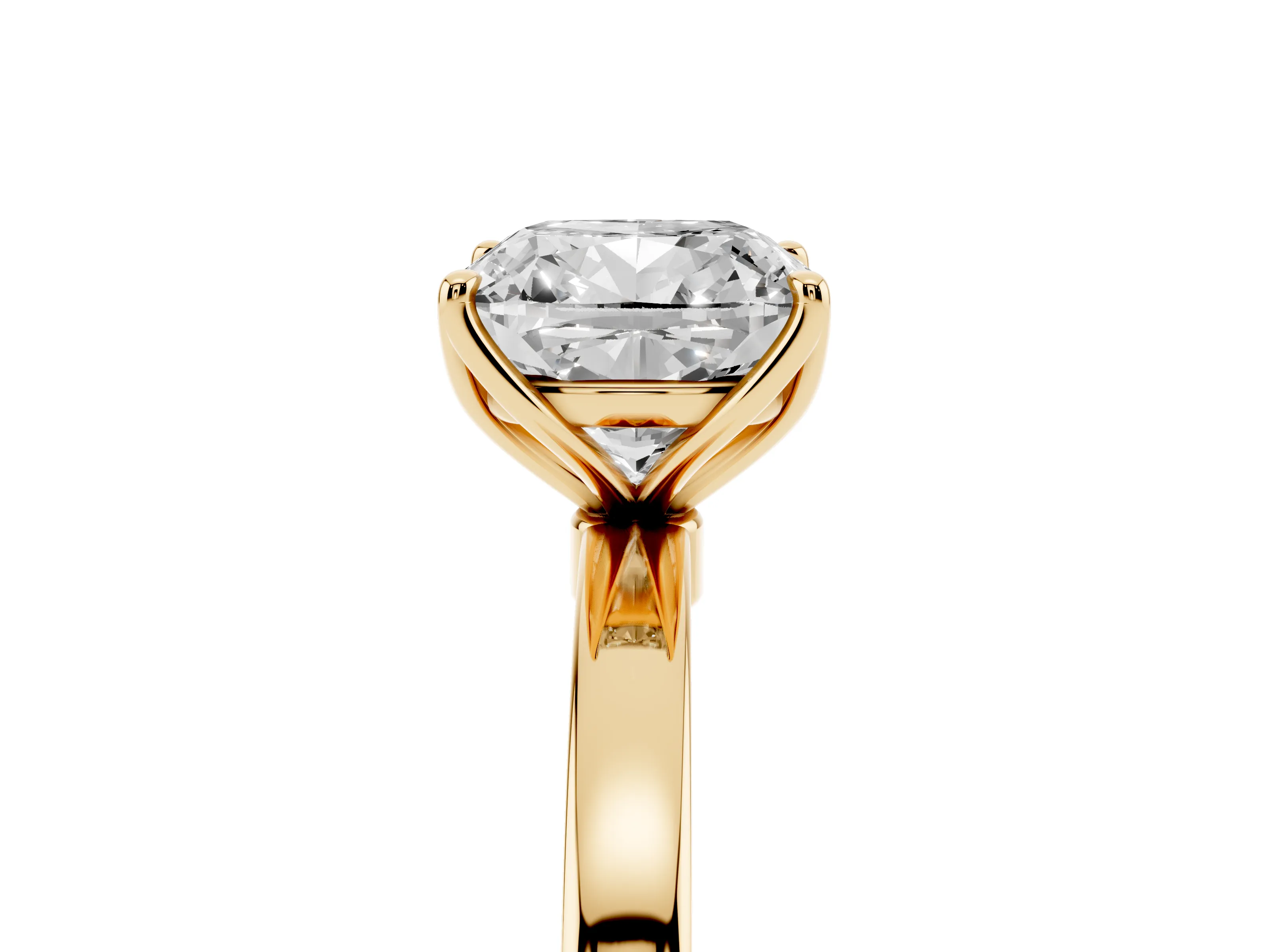 Cushion Cut Diamond Solitaire Ring Set in Yellow gold with Prong Setting and Thin Polished Band