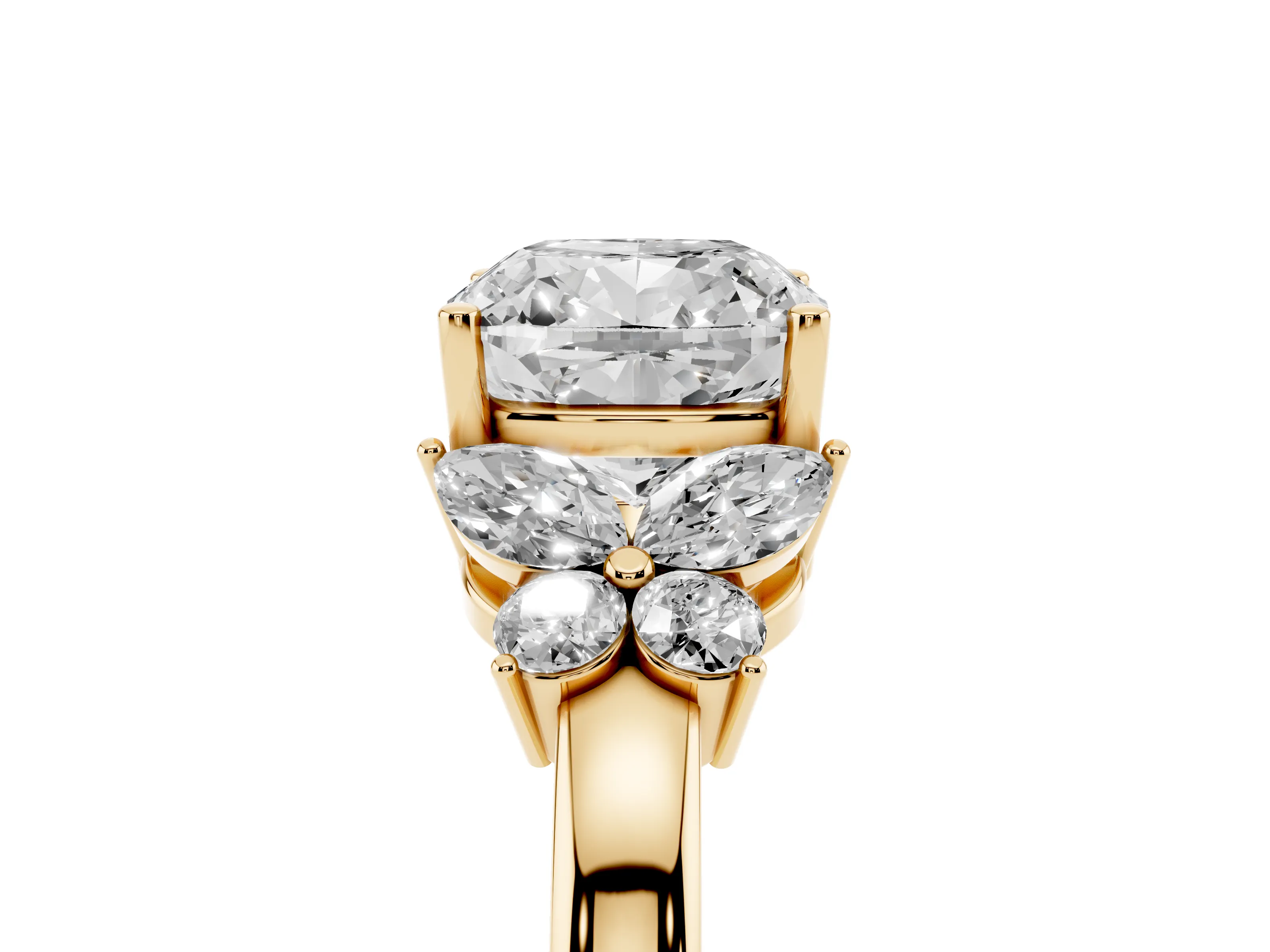 Cushion Cut Diamond Solitaire Floral Ring Set in Yellow gold with Marquise Petals and Prong Setting