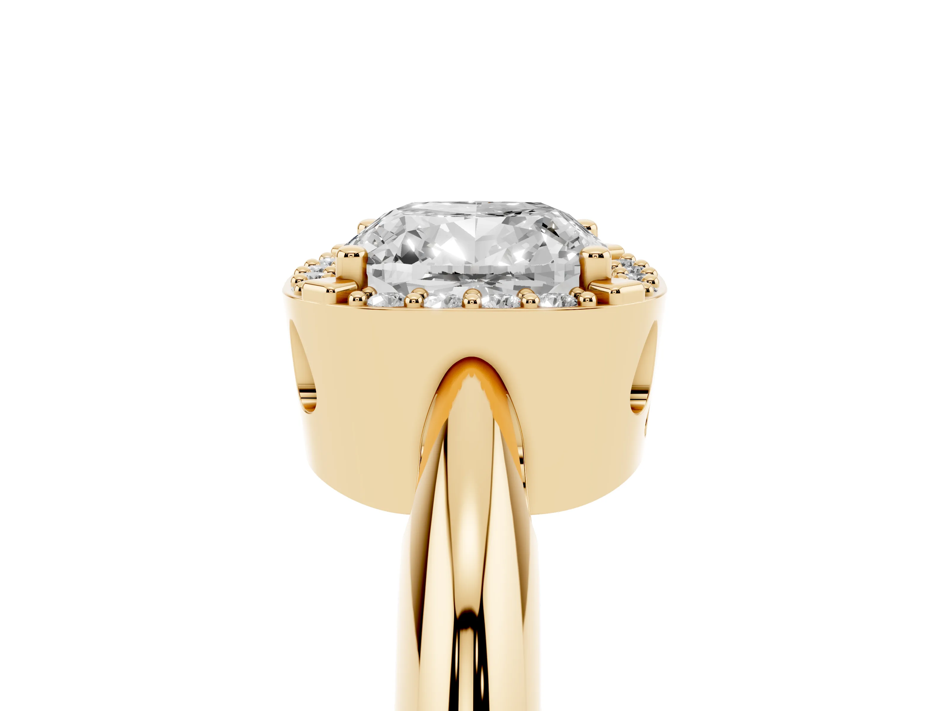 Cushion Cut Diamond Halo Engagement Ring Set in Yellow gold with Plain Split Shank and Prong Setting