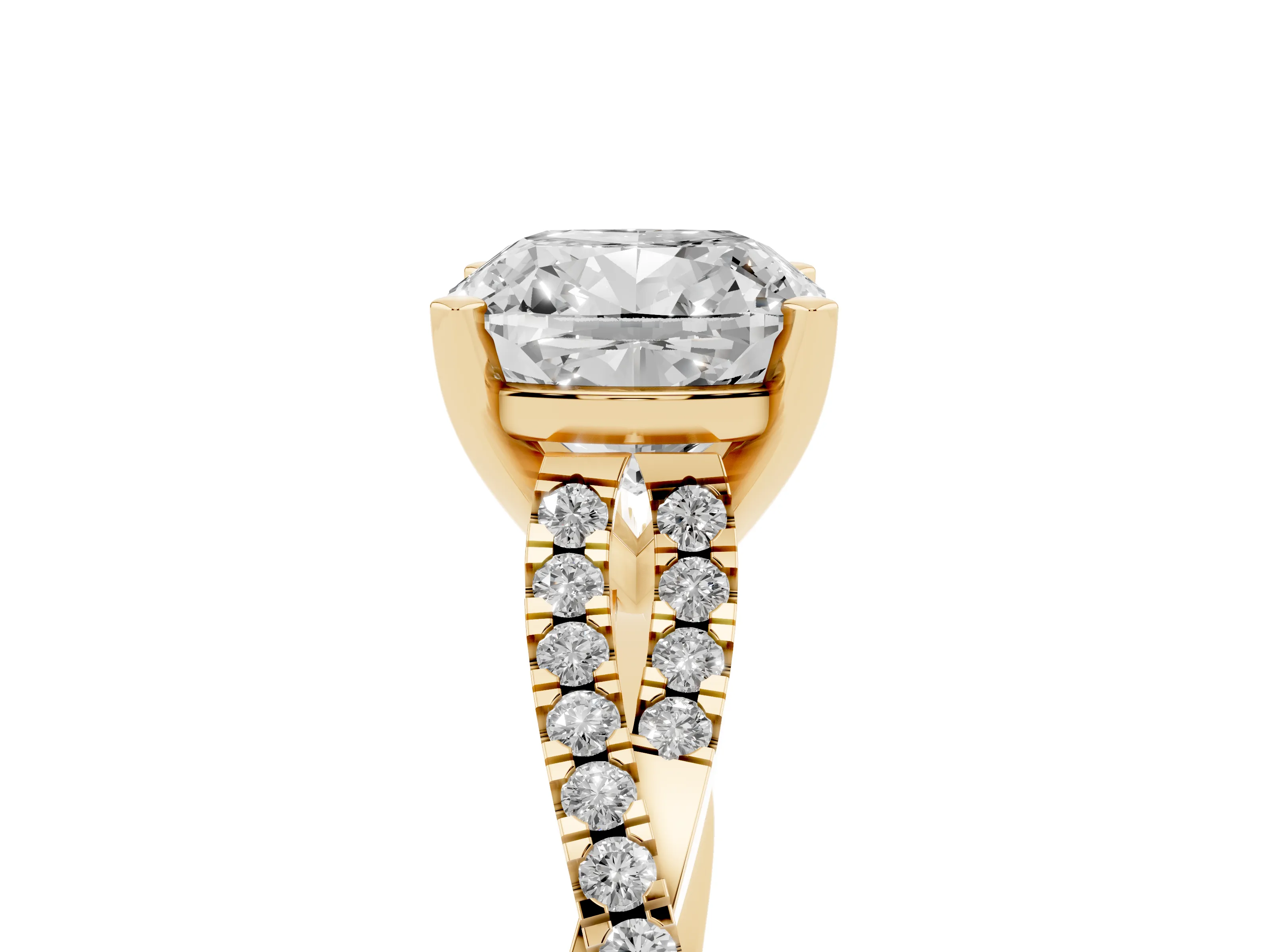 Cushion Cut Diamond Solitaire Engagement Ring Set in Yellow gold with Twisted Pavé Band and Prong Setting