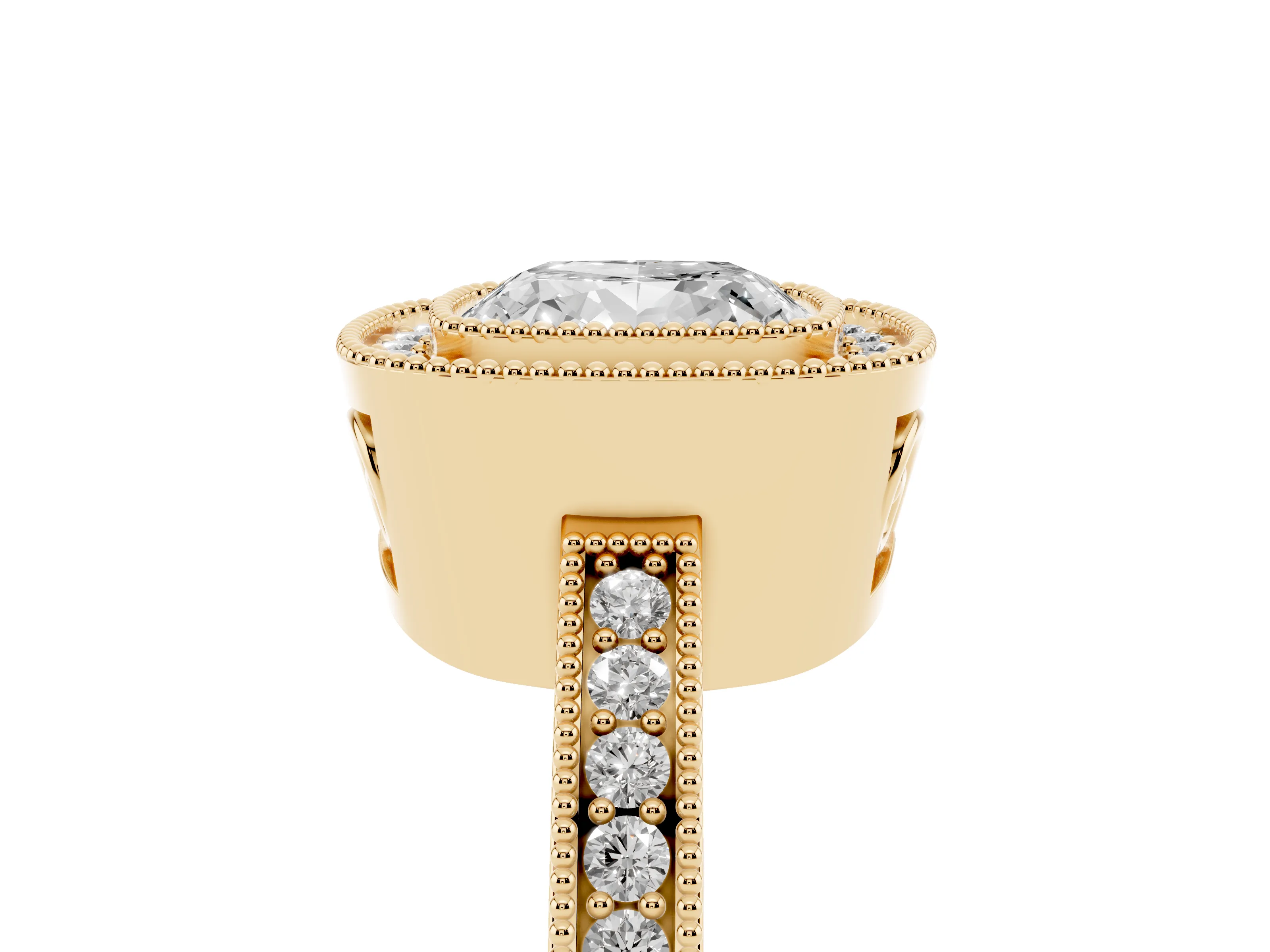 Cushion Cut Diamond Round Halo Ring Set in Yellow gold with Pavé Band