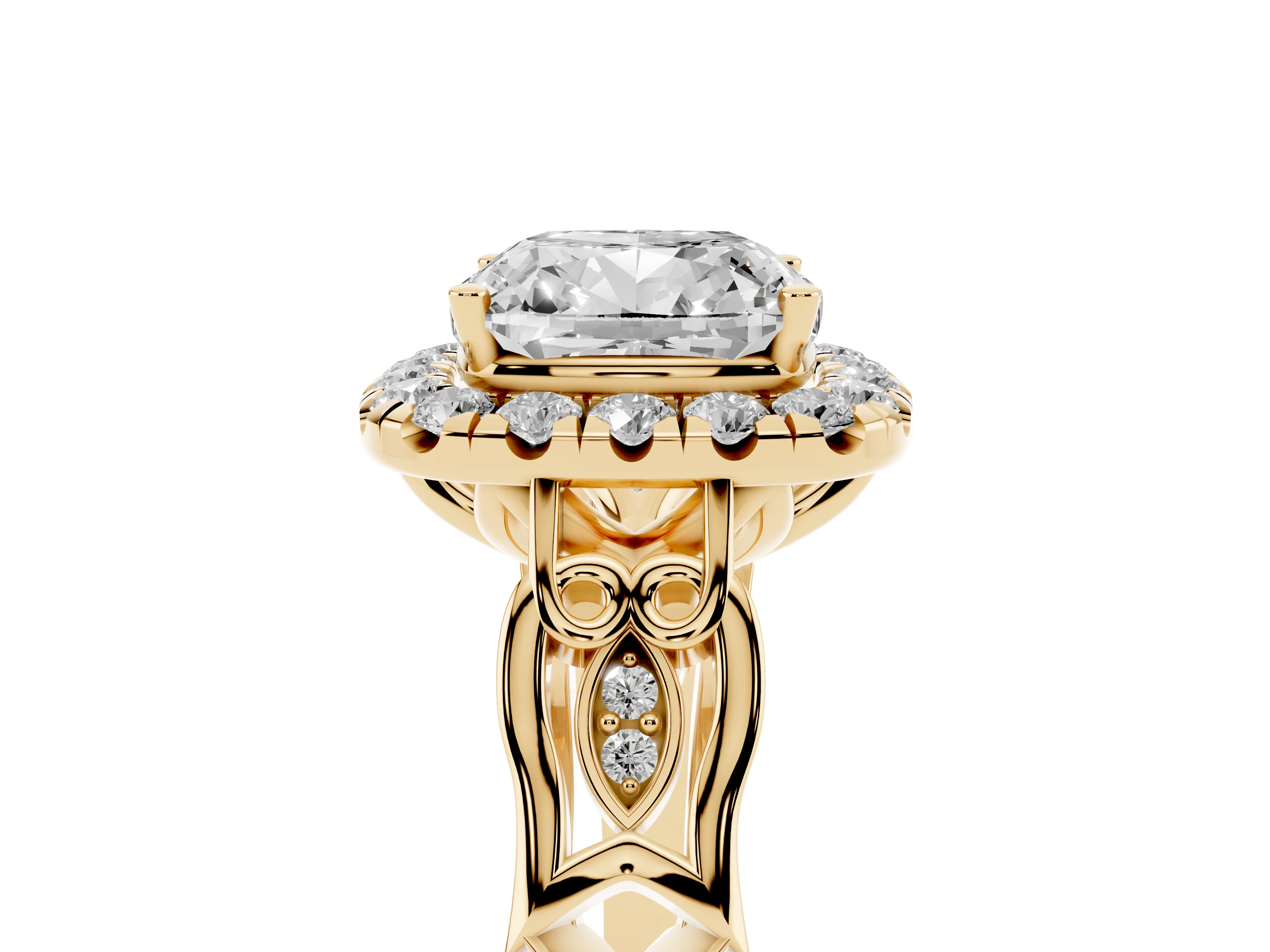 Cushion Cut Diamond Halo Engagement Ring Set in Yellow gold with Filigree Band and Prong-Set Center