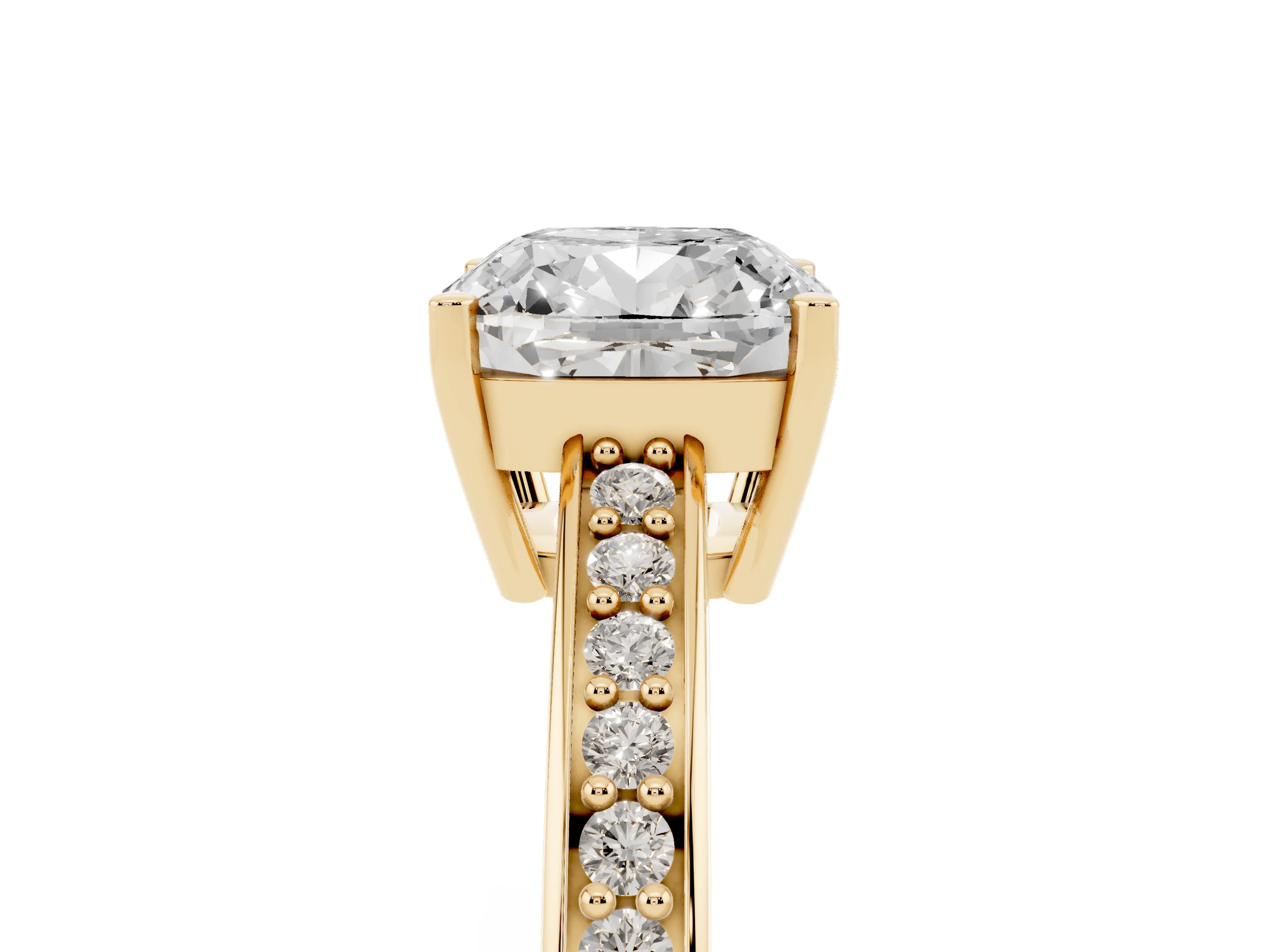 Cushion Cut Diamond Pavé Band Prong Set Solitaire Ring Set in Yellow gold