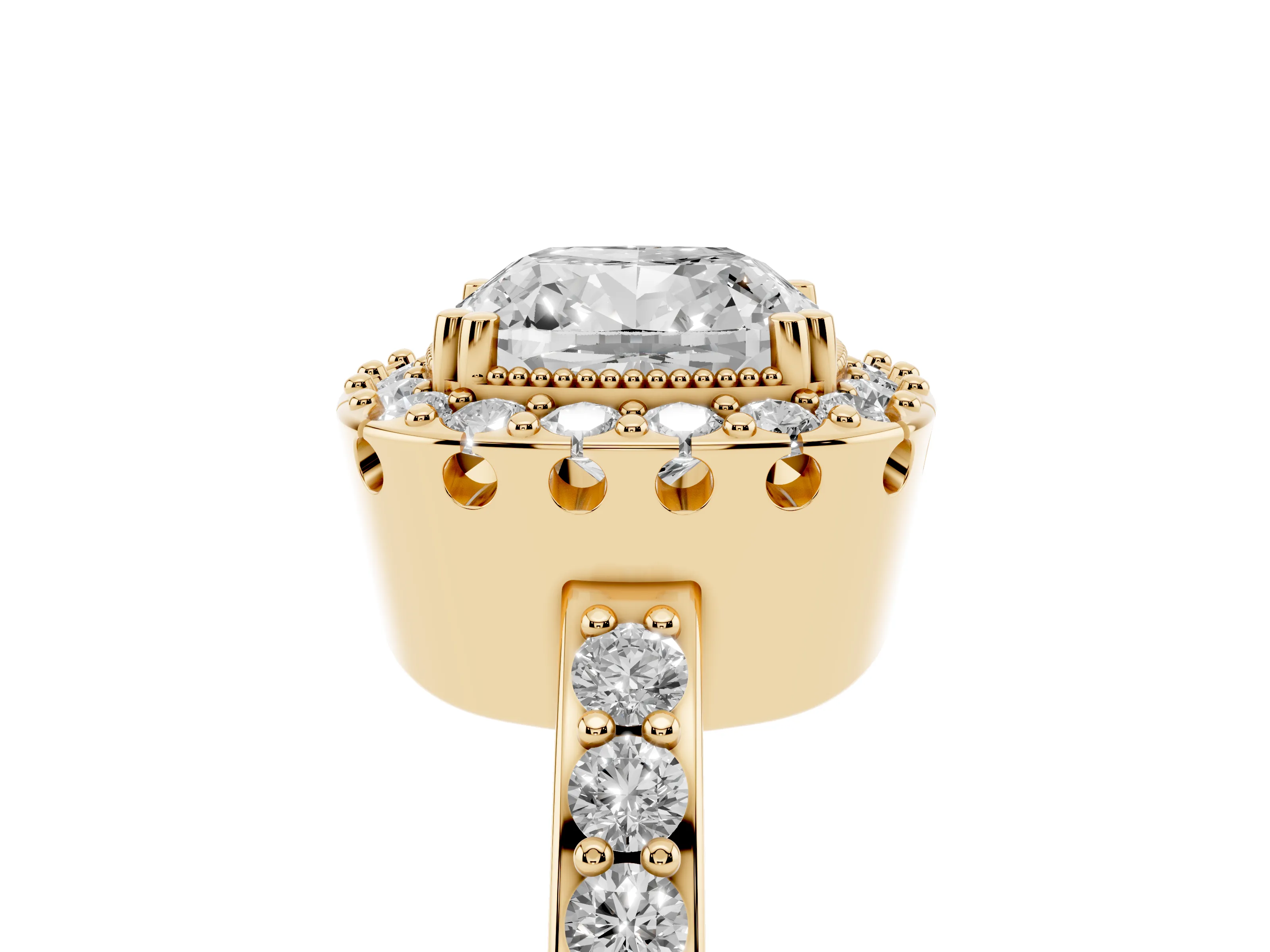 Cushion Cut Diamond Halo Ring Set in Yellow gold with Pavé Shank and Prong Setting